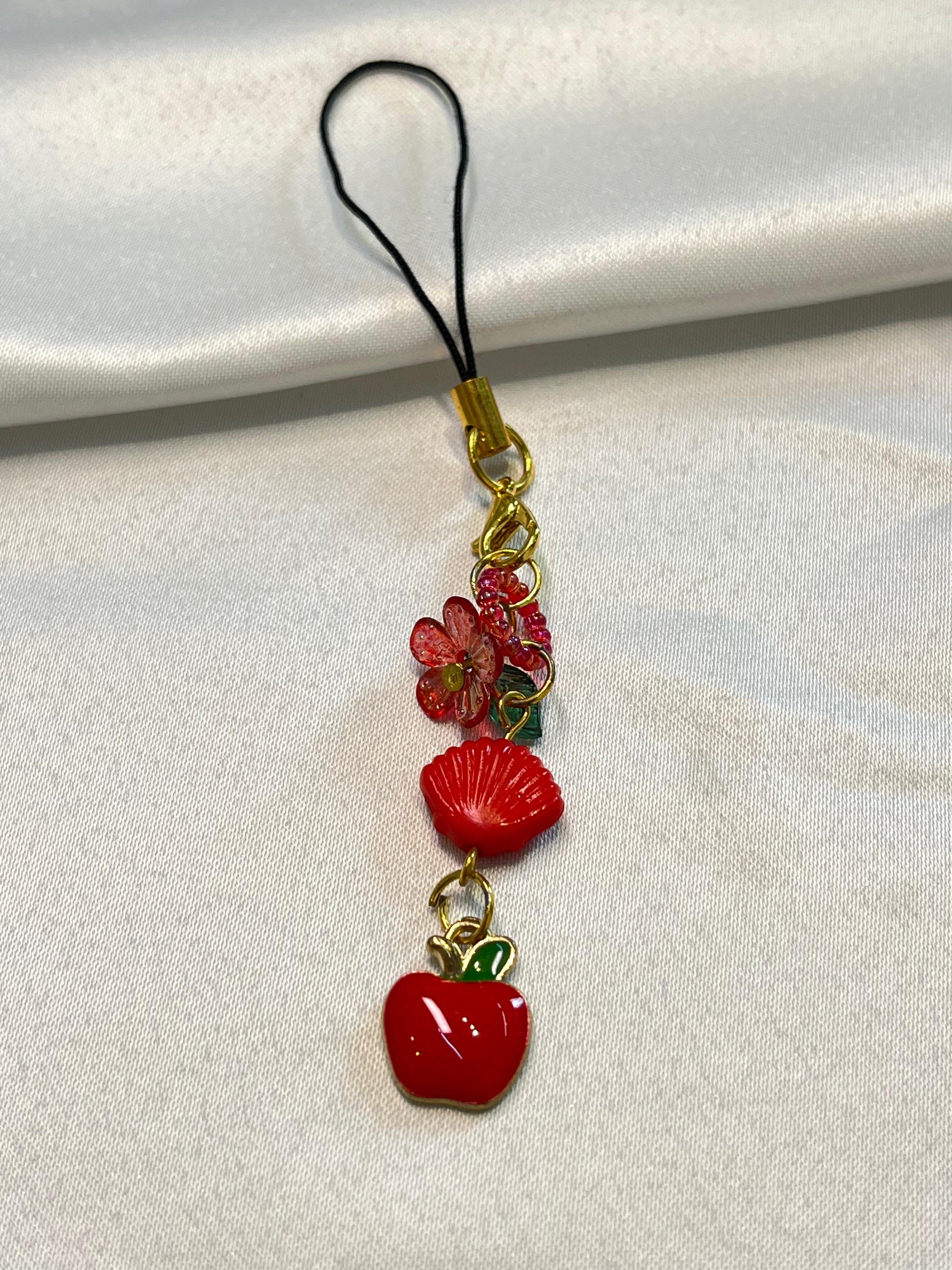 Apple Orchard Kiss Phone Charm | Cute Red Apple and Flower Pendant | Red floral|shell| apple |Aesthetic Keychain Accessory Gift