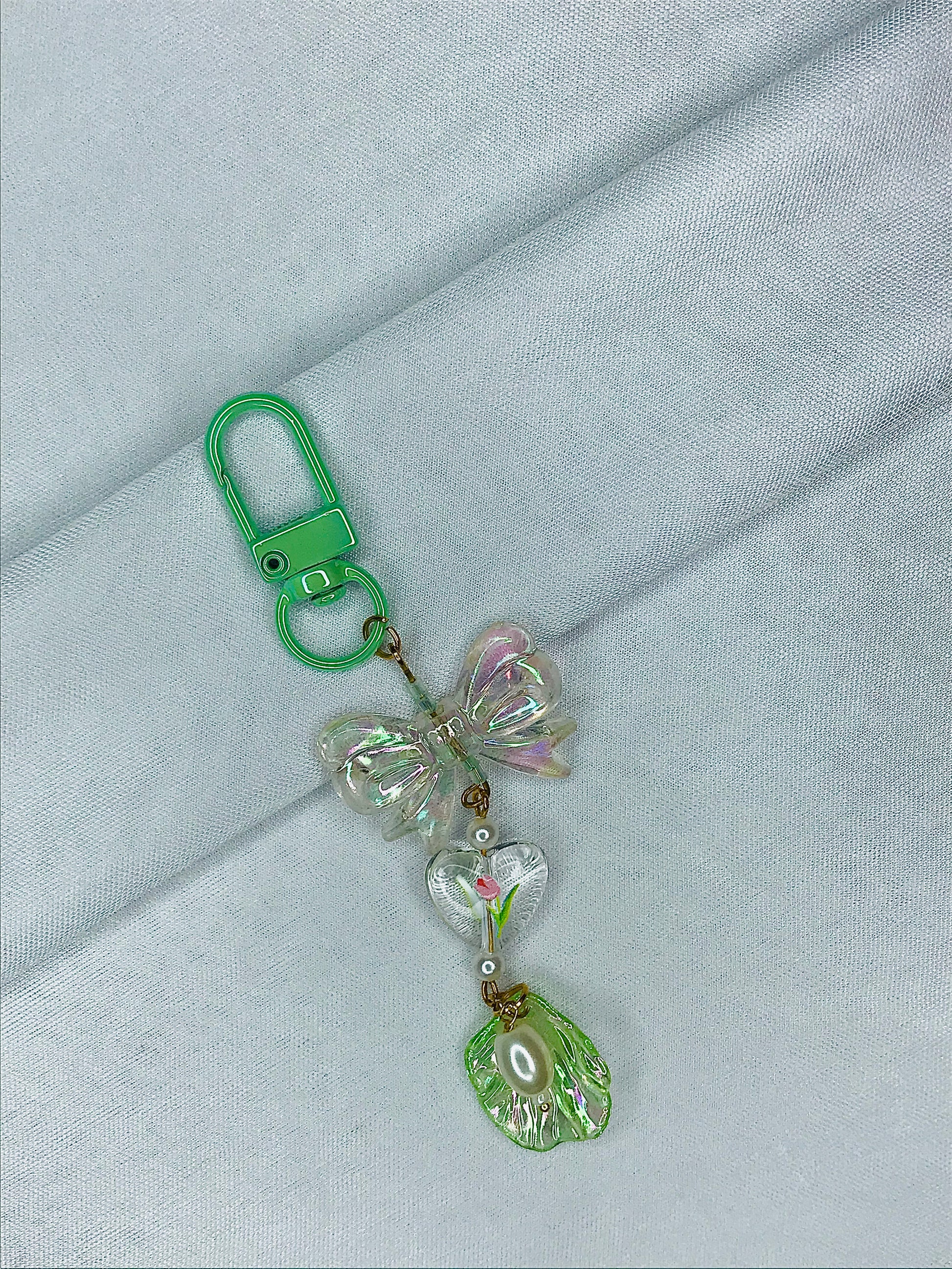 Seapearl Serenade Phone Charm | Elegant Pearl Flower Petal & Bow | Trending Aesthetic Strap for Girls | Perfect Gift for Her| Green|