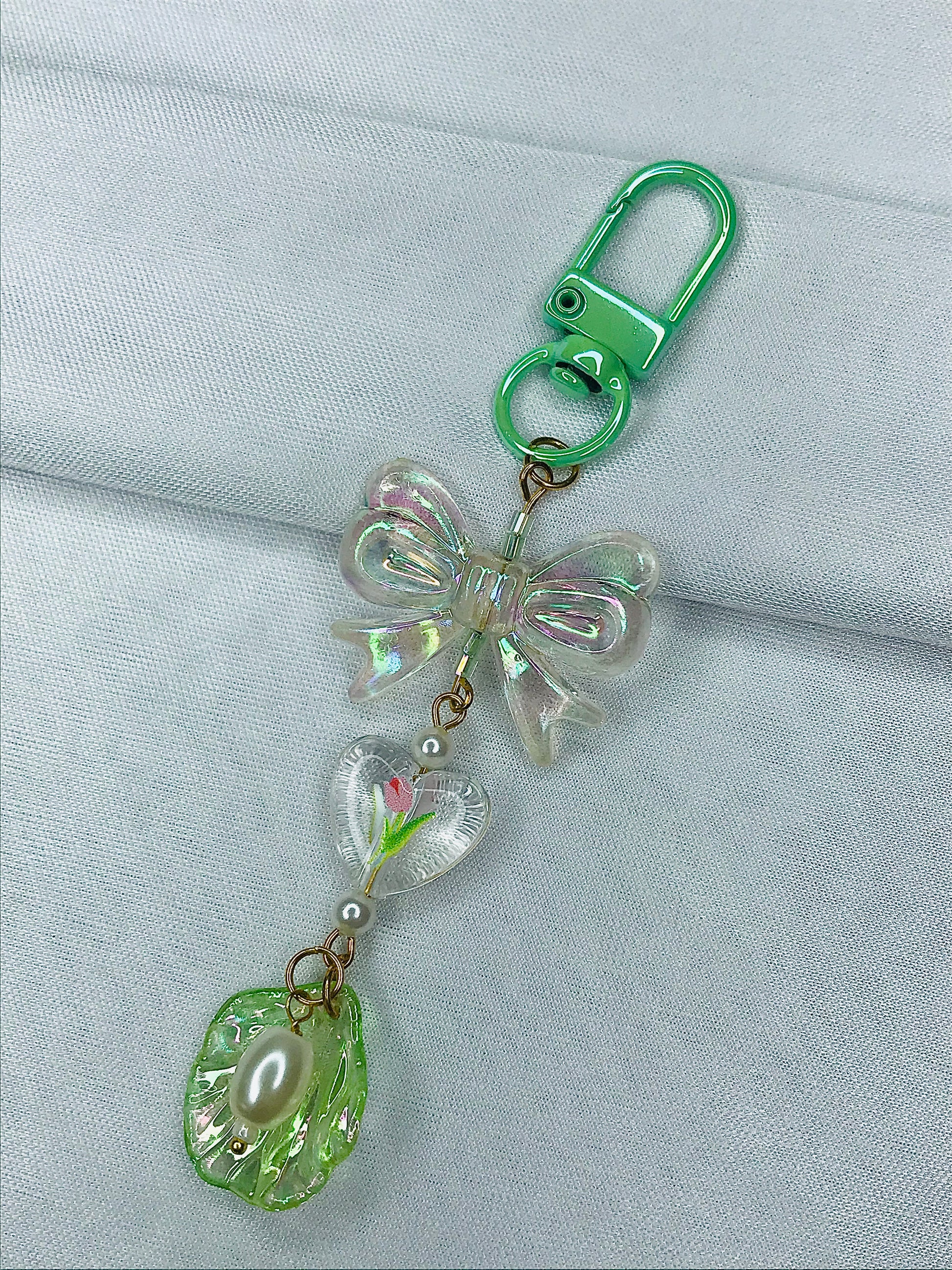 Seapearl Serenade Phone Charm | Elegant Pearl Flower Petal & Bow | Trending Aesthetic Strap for Girls | Perfect Gift for Her| Green|