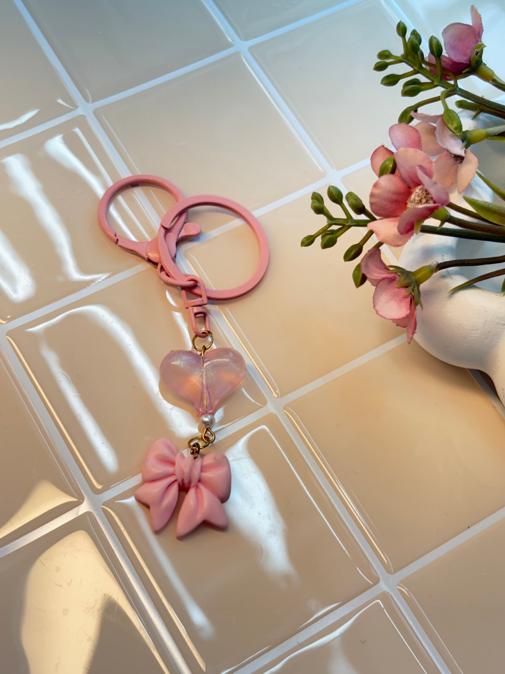 Pastel Pink Bow & Iridescent Heart Charm Keychain | Pearl Accent & Pink Hardware | Cute Aesthetic Bag, Phone & Keys Accessory