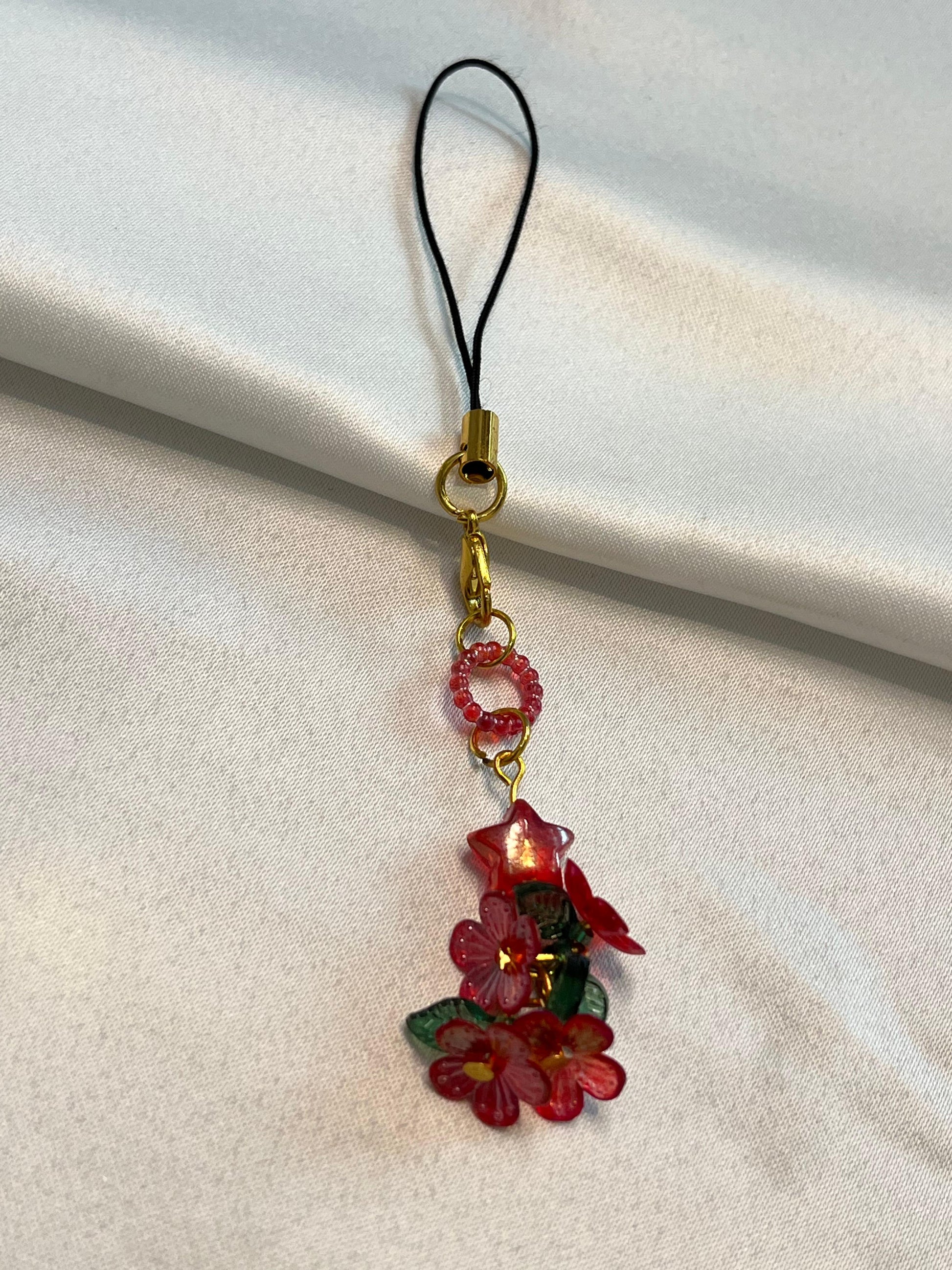 Scarlet Bloom Rush|Red Flower Cascade Charm with Star & Beads | Vibrant Floral charm|red flowers |
