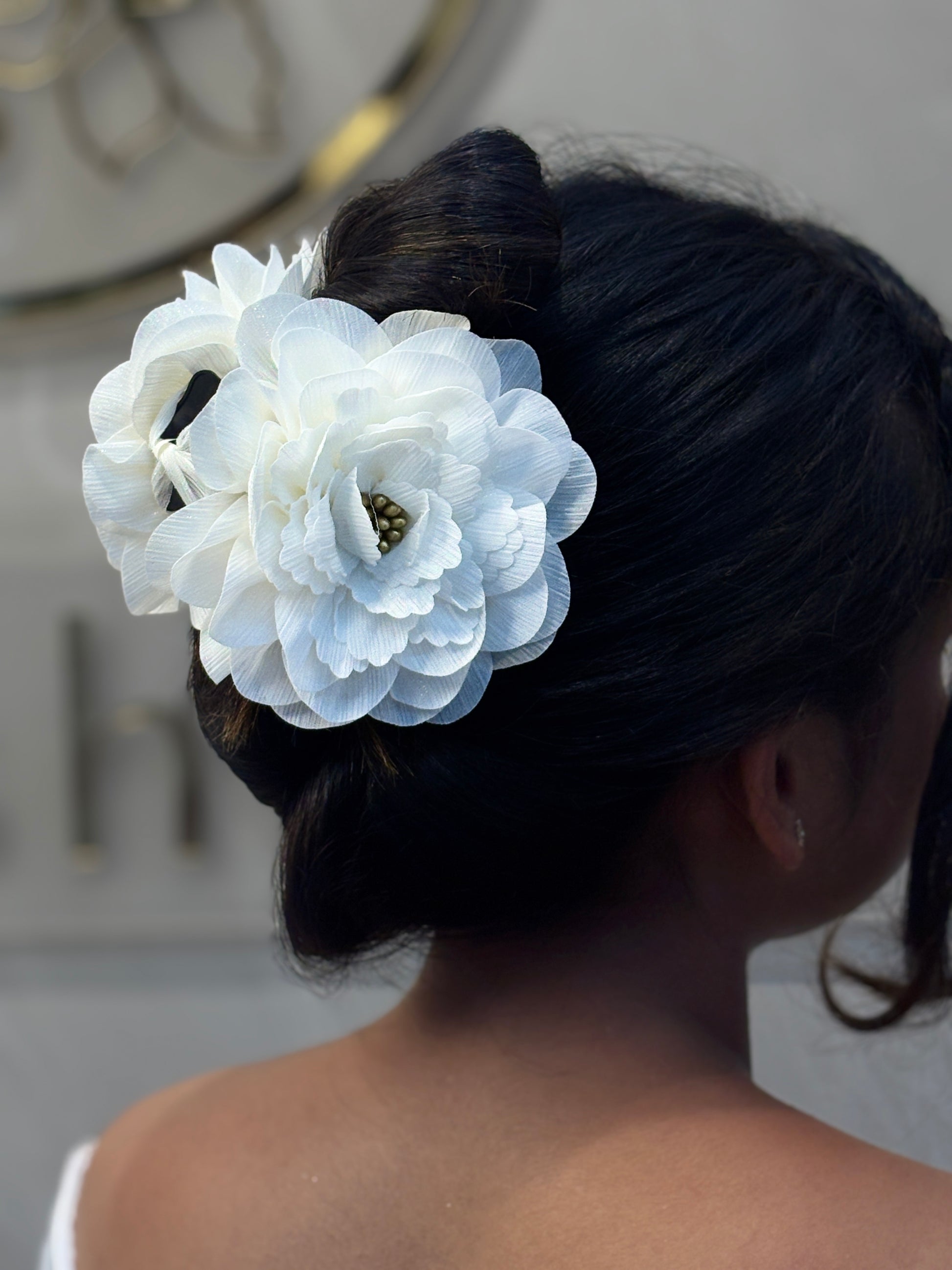 White Oversized Fabric Flower Hair Clip for Women | Elegant Bridal Rose Hair Accessory for Buns & Updos | Large Handmade Hairpiece for Weddings, Formal Events & Dance Performances