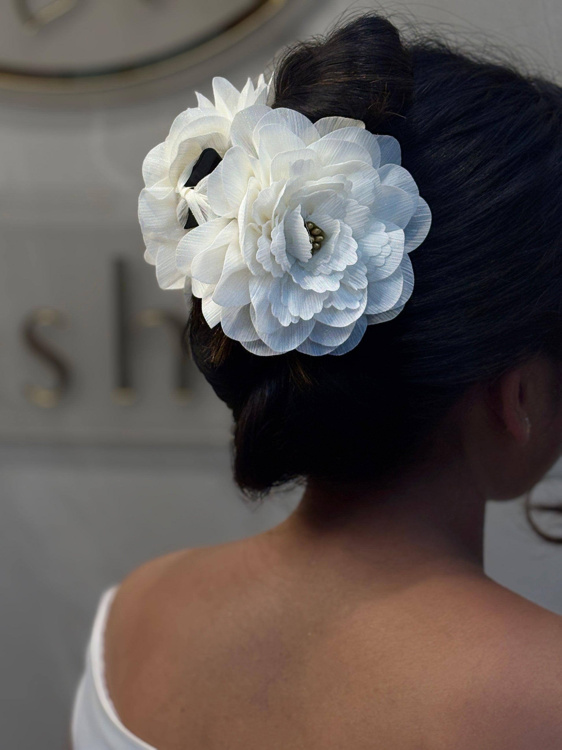 White Oversized Fabric Flower Hair Clip for Women | Elegant Bridal Rose Hair Accessory for Buns & Updos | Large Handmade Hairpiece for Weddings, Formal Events & Dance Performances