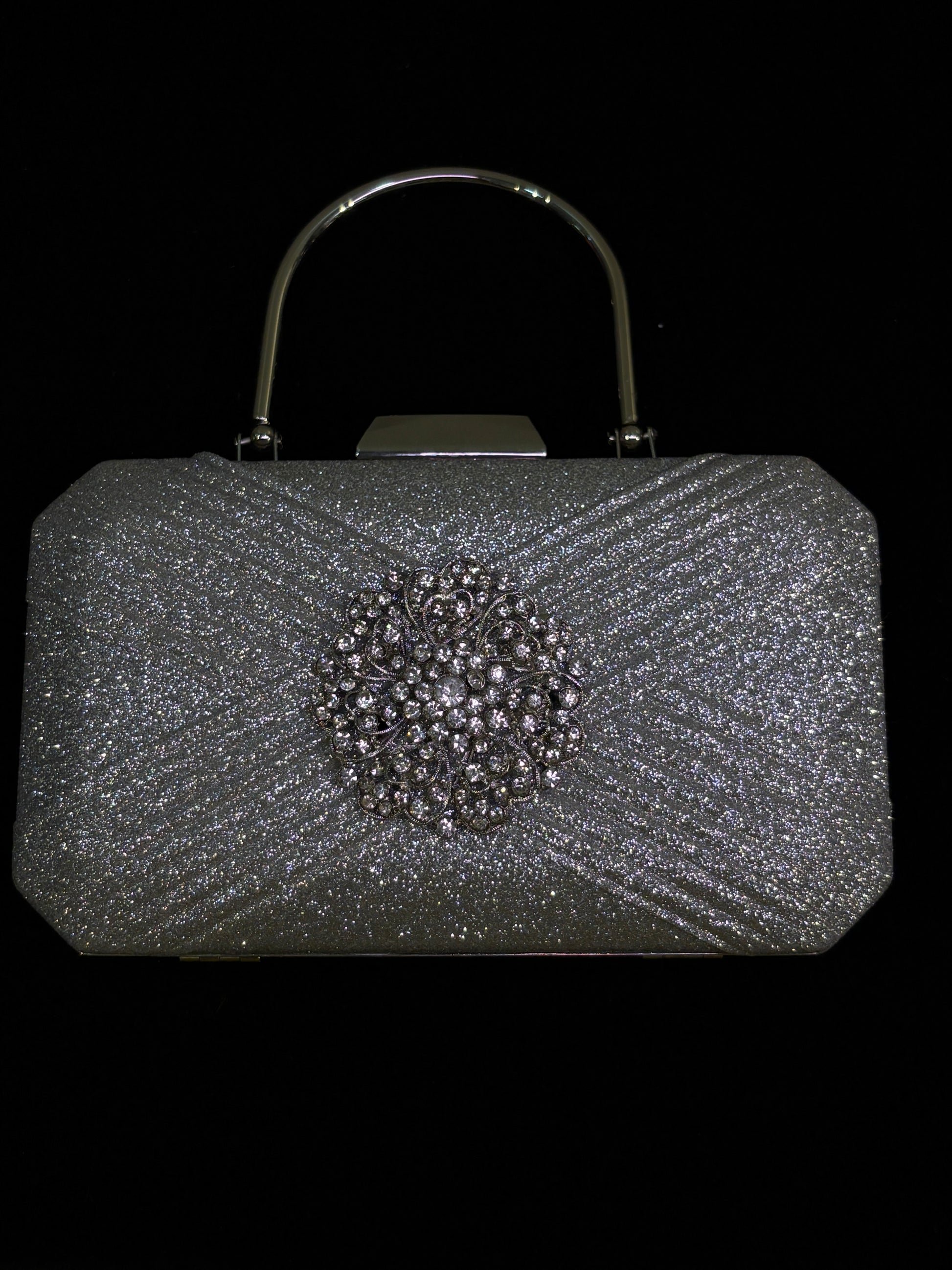 Silver Glitter Clutch with Vintage Brooch | Sparkling Evening Handbag | Cocktail & Formal Event Purse | Sleek Handle Design