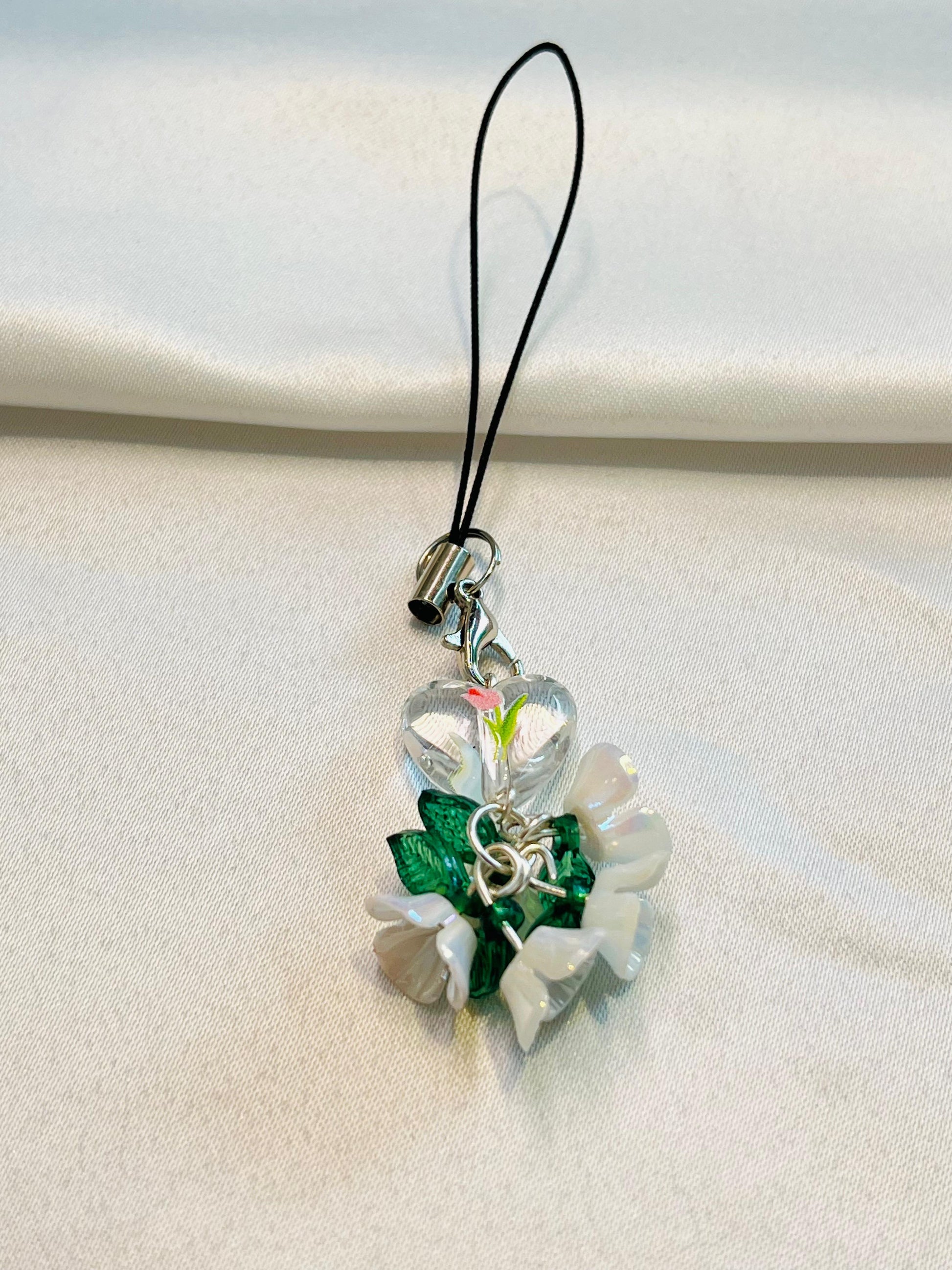 Dewdrop Darling | White Blossom & Heart Charm with Green Petals | Floral Cottagecore Accessory