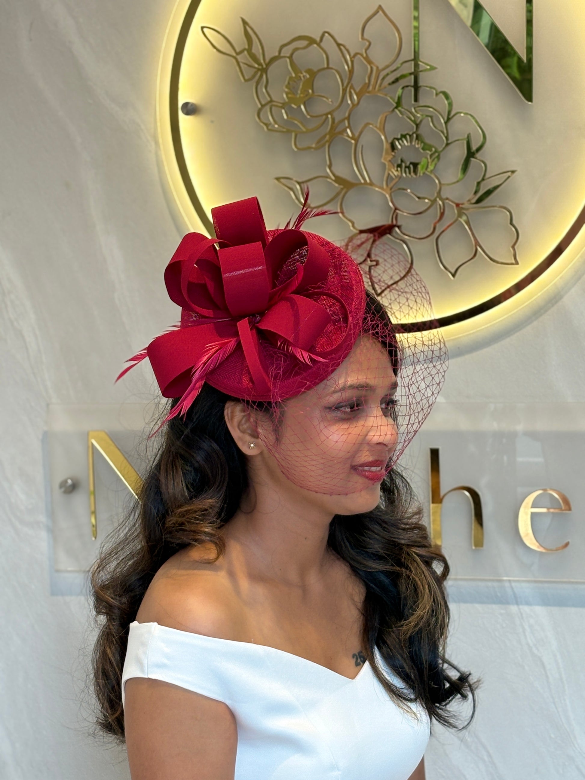 Elegant Fascinator Hat for Women | Wedding Headpiece | Cocktail Hat | Tea Party Accessory | Navy Blue Fascinator | Blush Pink Fascinator | Red Fascinator | Feather & Netting Detail | Formal Occasion Headwear | Ladies Fashion Hat
