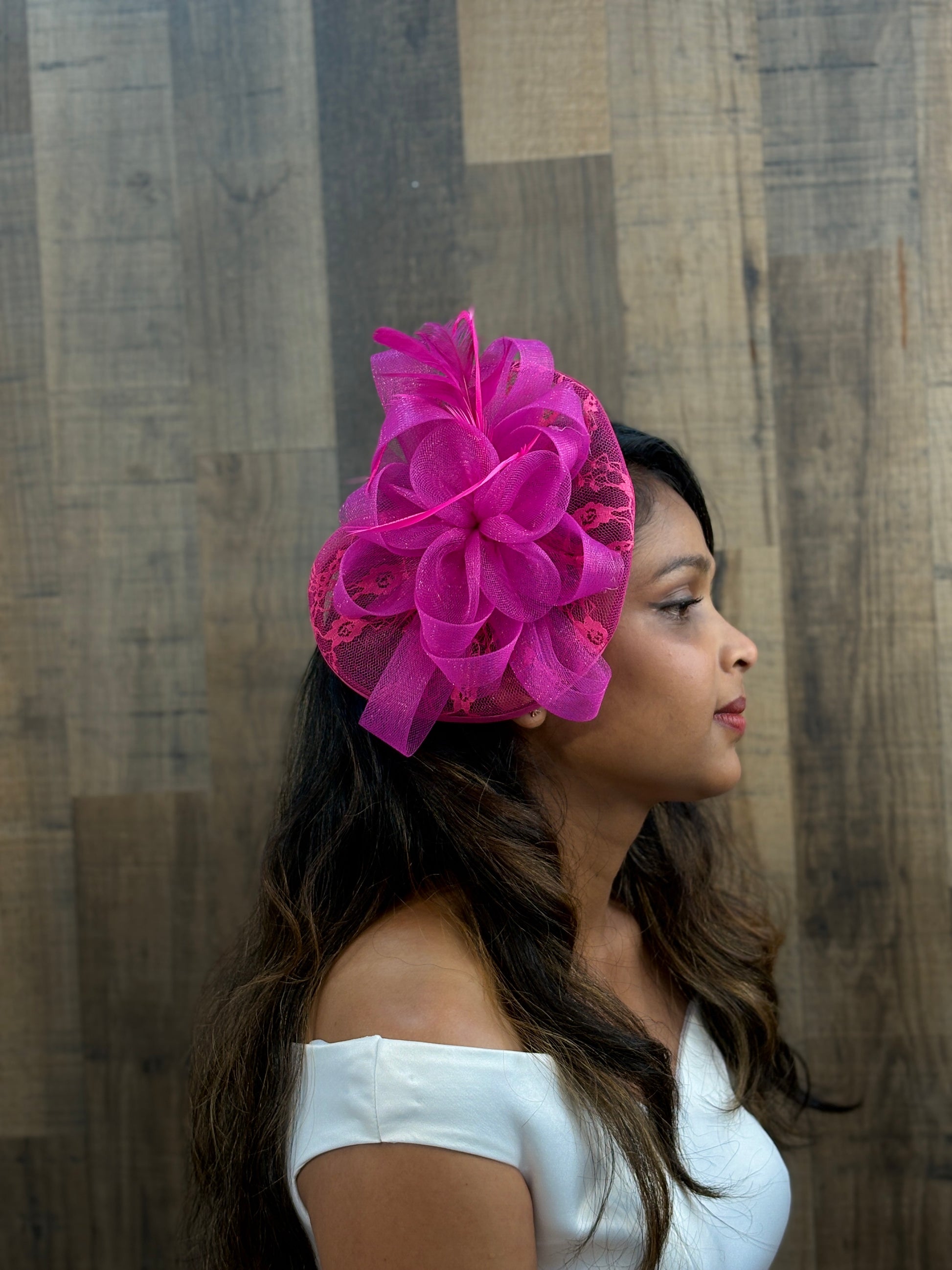 Hot Pink & Orange Fascinator for Women | Oversized Bow & Lace Cocktail Headpiece | Bold Statement Hair Accessory for Weddings, Races & Garden Parties | Lightweight Percher Style