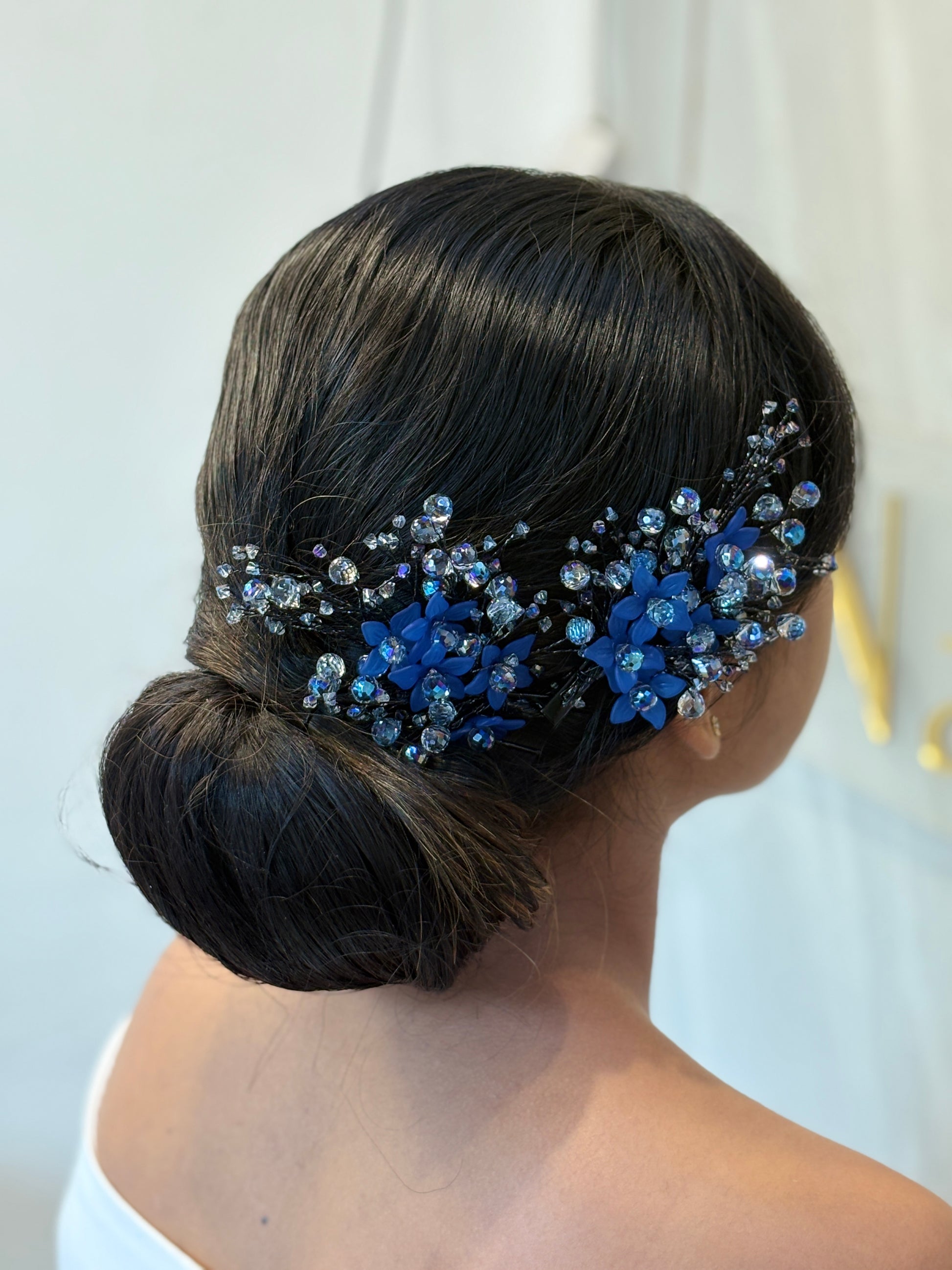 Bold Blue Hair Accessory | Wedding Hairpiece with Crystals | Floral Hair Clip for Buns | Handmade Beaded Headpiece | Statement Hair Vine for Brides | Elegant Earring Set | Sparkly Updo Jewelry
