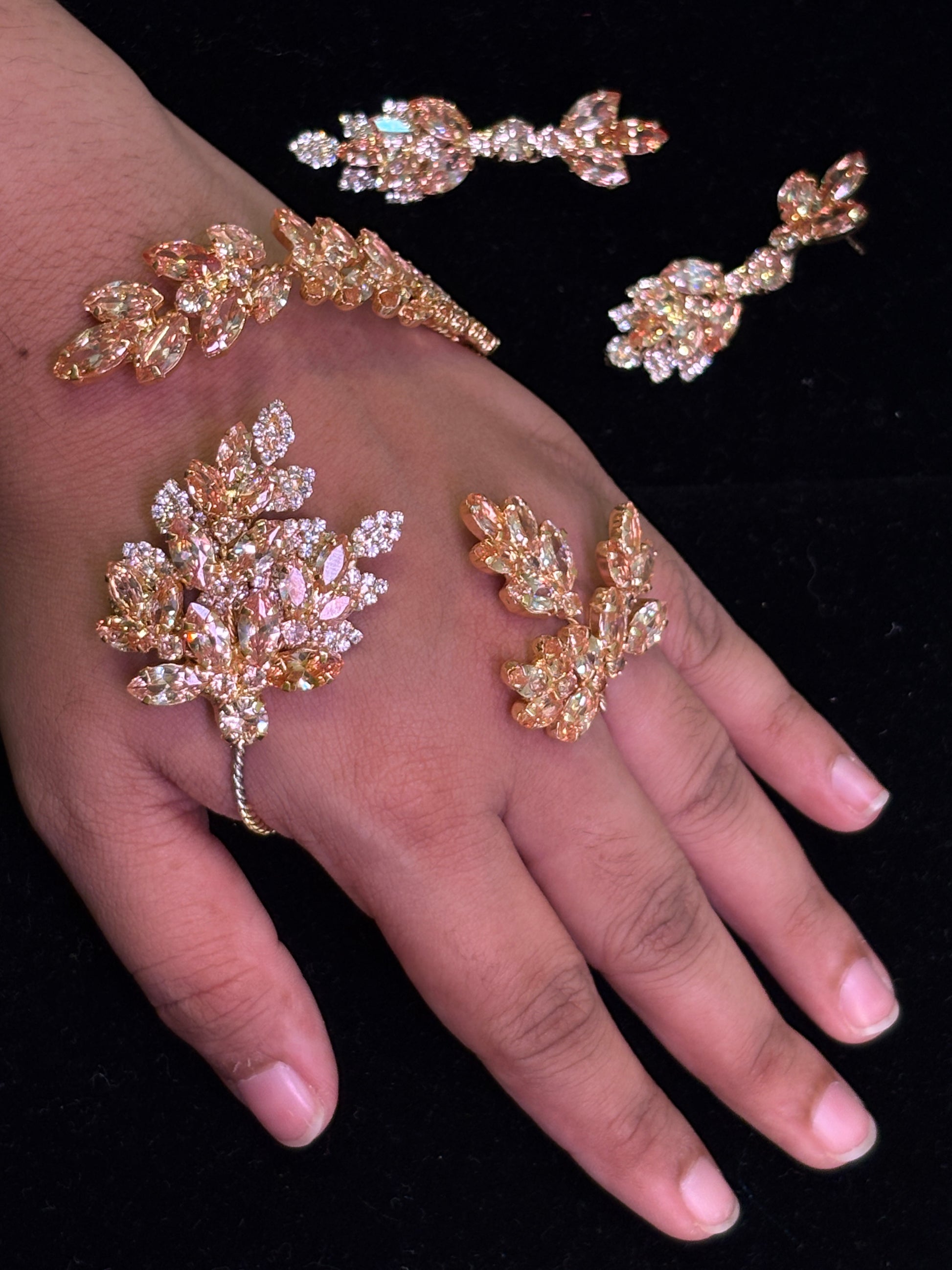 Blush Rose Bridal Hand Accessory Set – Floral Hand Harness I Bridal Mehendi or Haldi JewelryI Zircon Headpiece| Zircon-Embellished