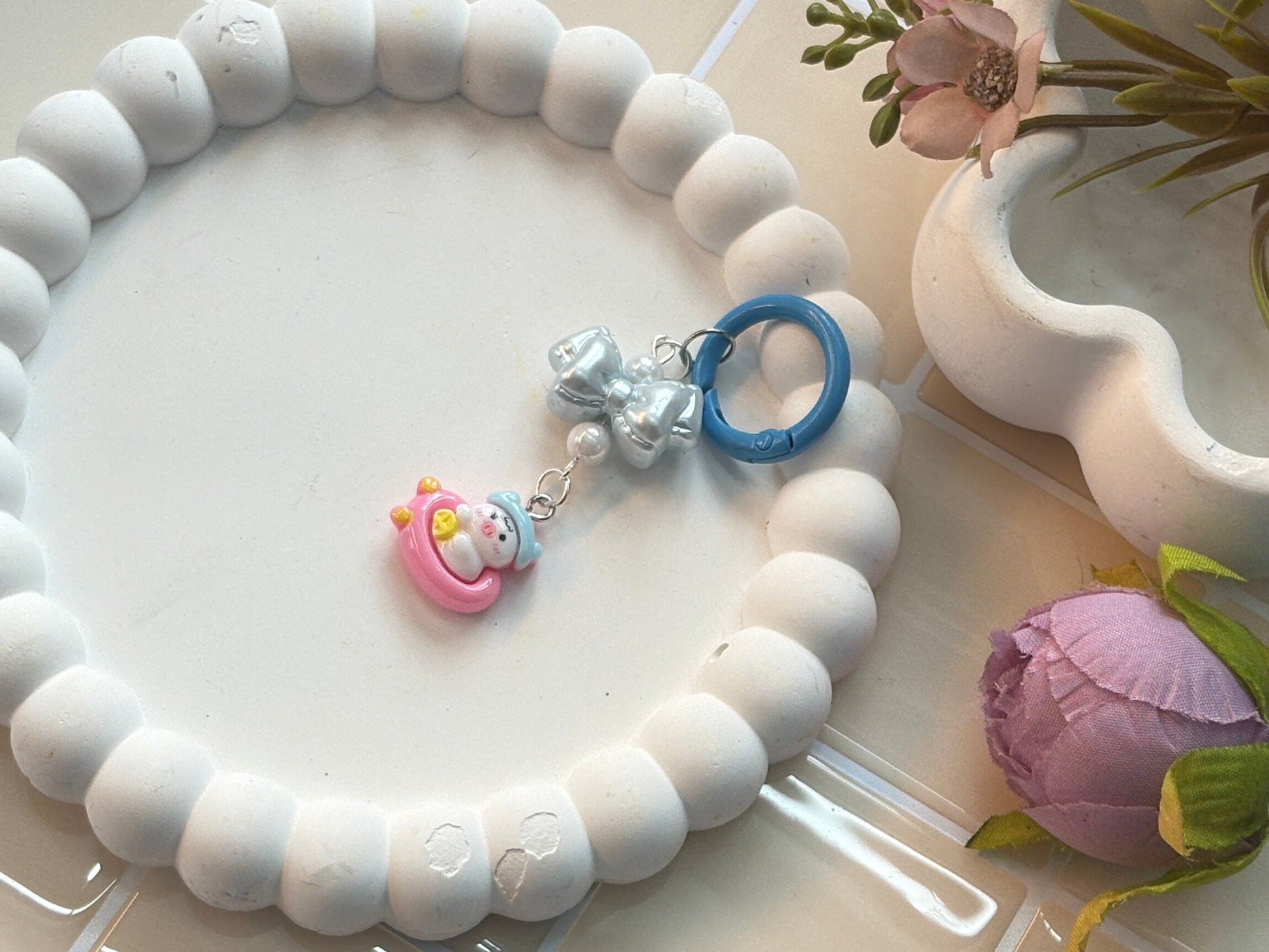 Bear in UFO Keychain | Adorable Pink Flying Saucer Bear with Silver Bell | Whimsical Kawaii Accessory