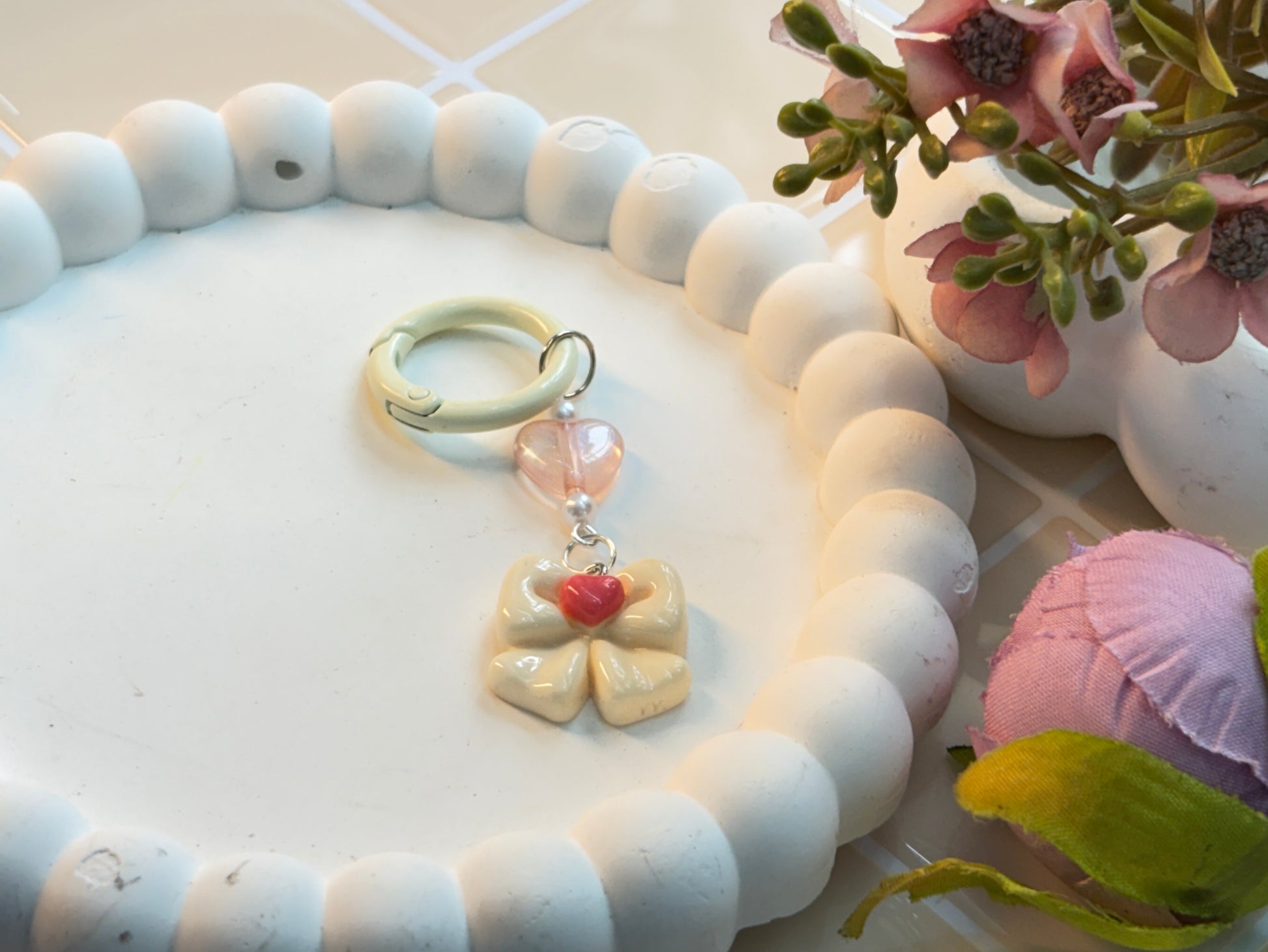 Cream Bow & Heart Keychain Charm | Cute Pastel Aesthetic Bag Charm | Handmade Soft Girl Accessory