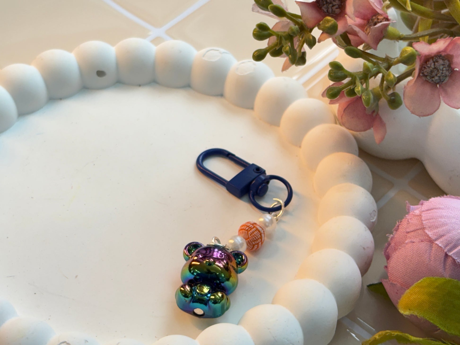 Iridescent Galaxy Bear Charm | Rainbow Kawaii Teddy Phone Accessory | Handmade Keychain with Beads