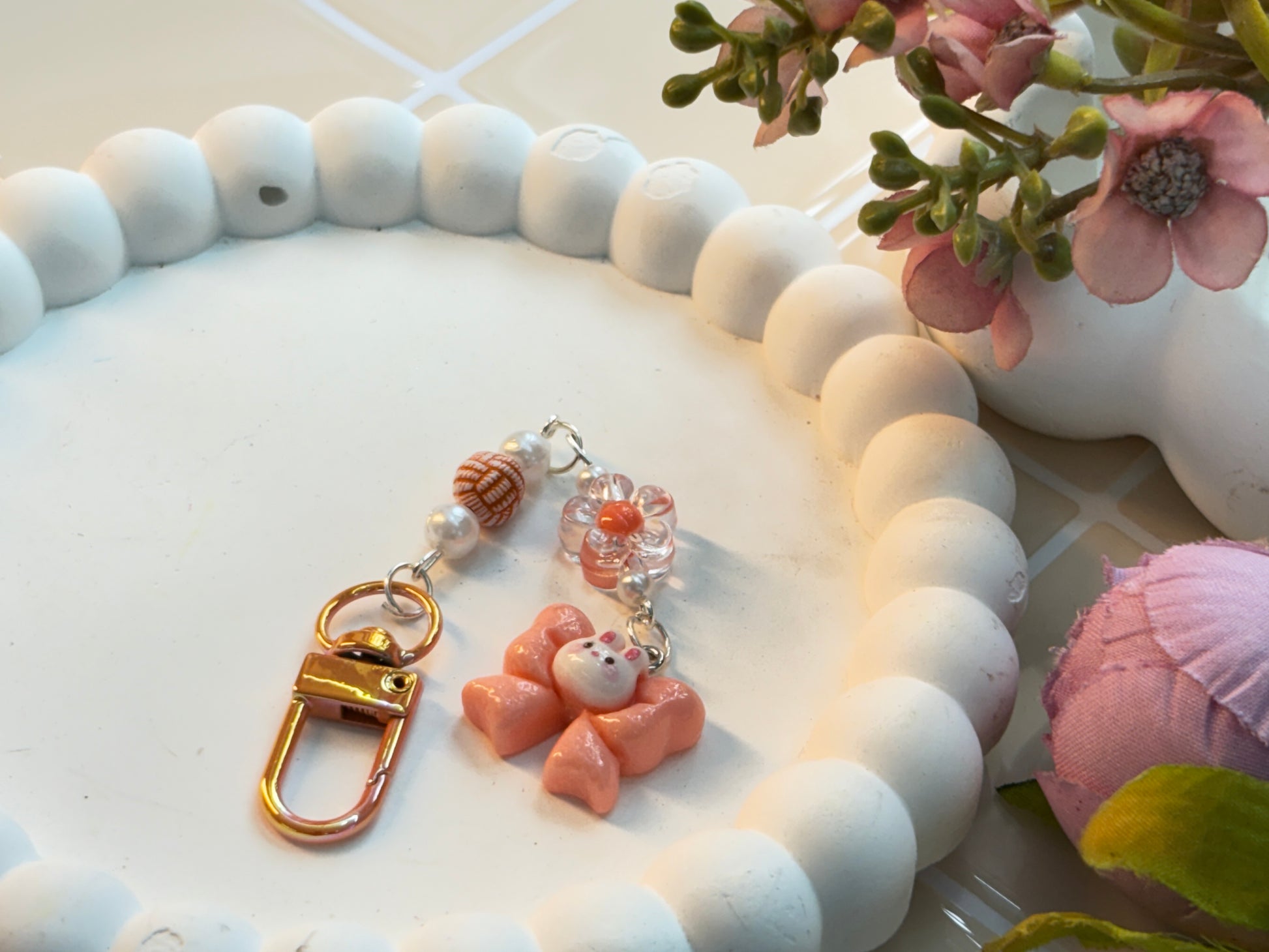 Peach Bunny Charm with Floral Beads | Handmade Kawaii Animal Keychain | Pastel Bunny Phone Accessory