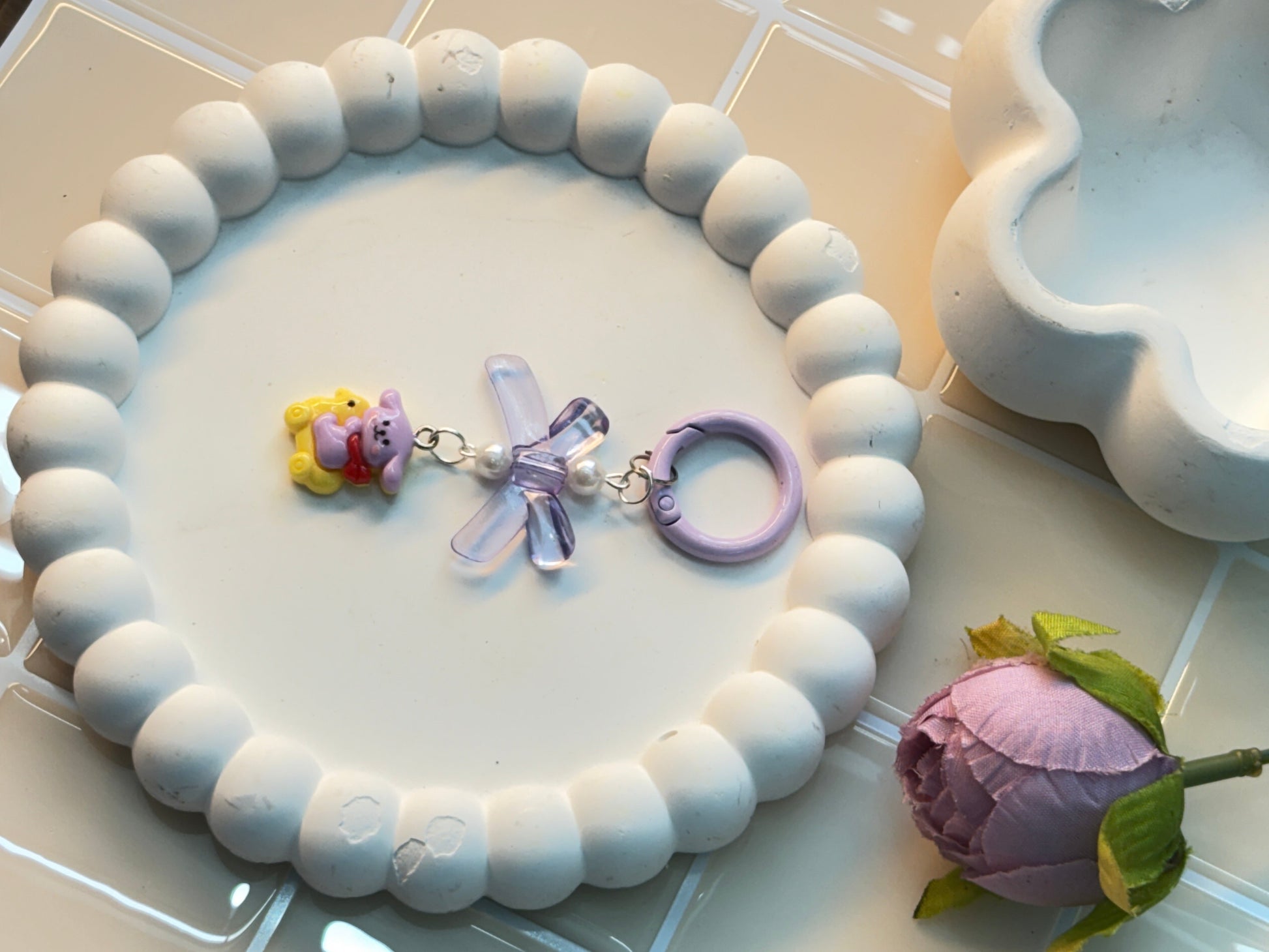 Purple Bow & Scooter Pup Charm Keychain | Playful Cute Accessory | Pastel Dog Lover Gift