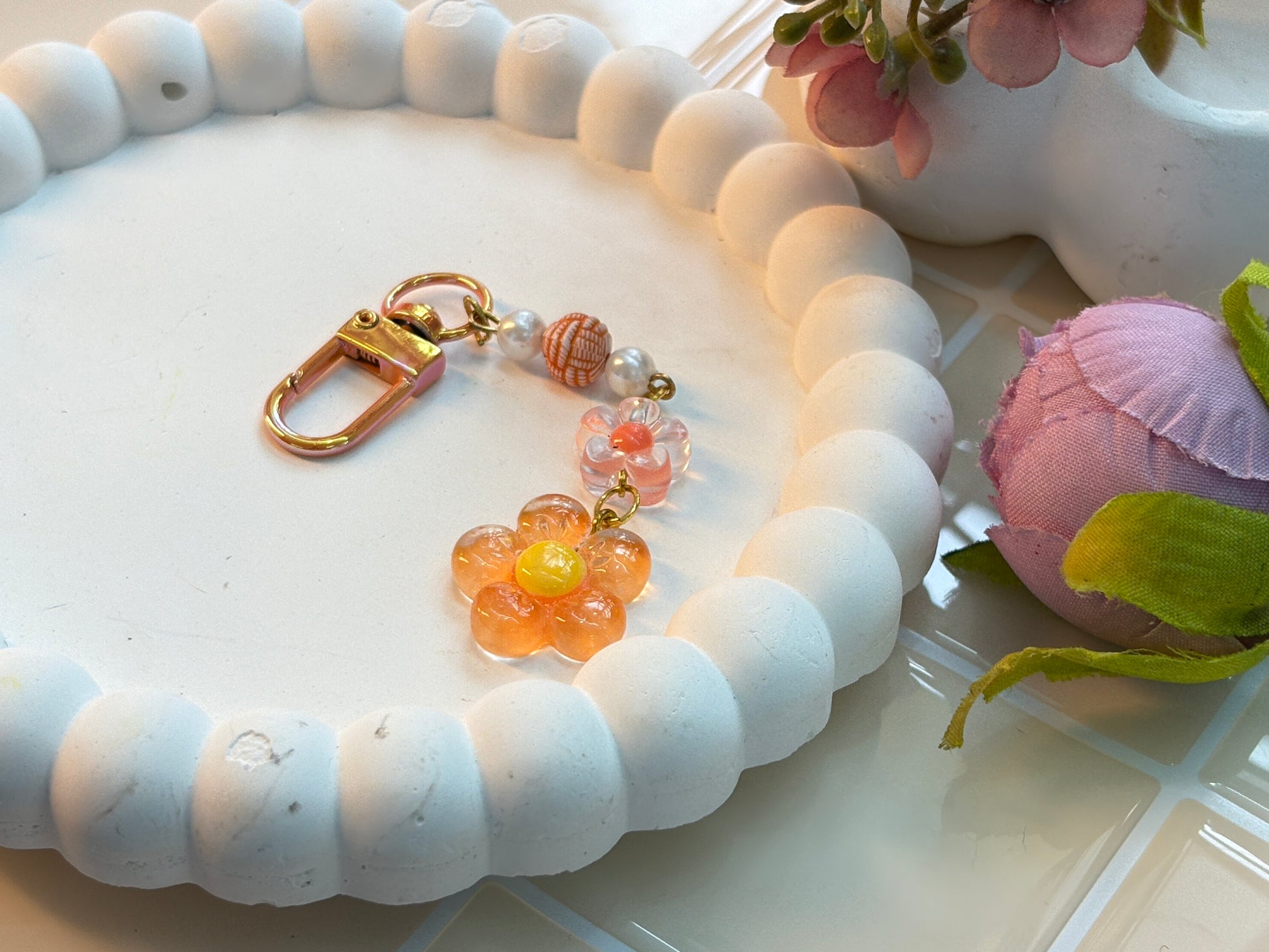 Orange Glass Flower Charm | Handmade Resin Daisy Keychain | Kawaii Cottagecore Bag or Phone Accessory