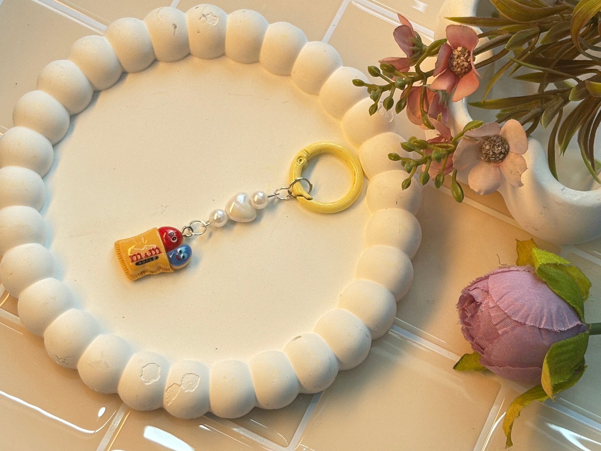 M&M’s Candy Packet Charm Keychain | Pearl & Heart Bead Accent | Fun Foodie Accessory