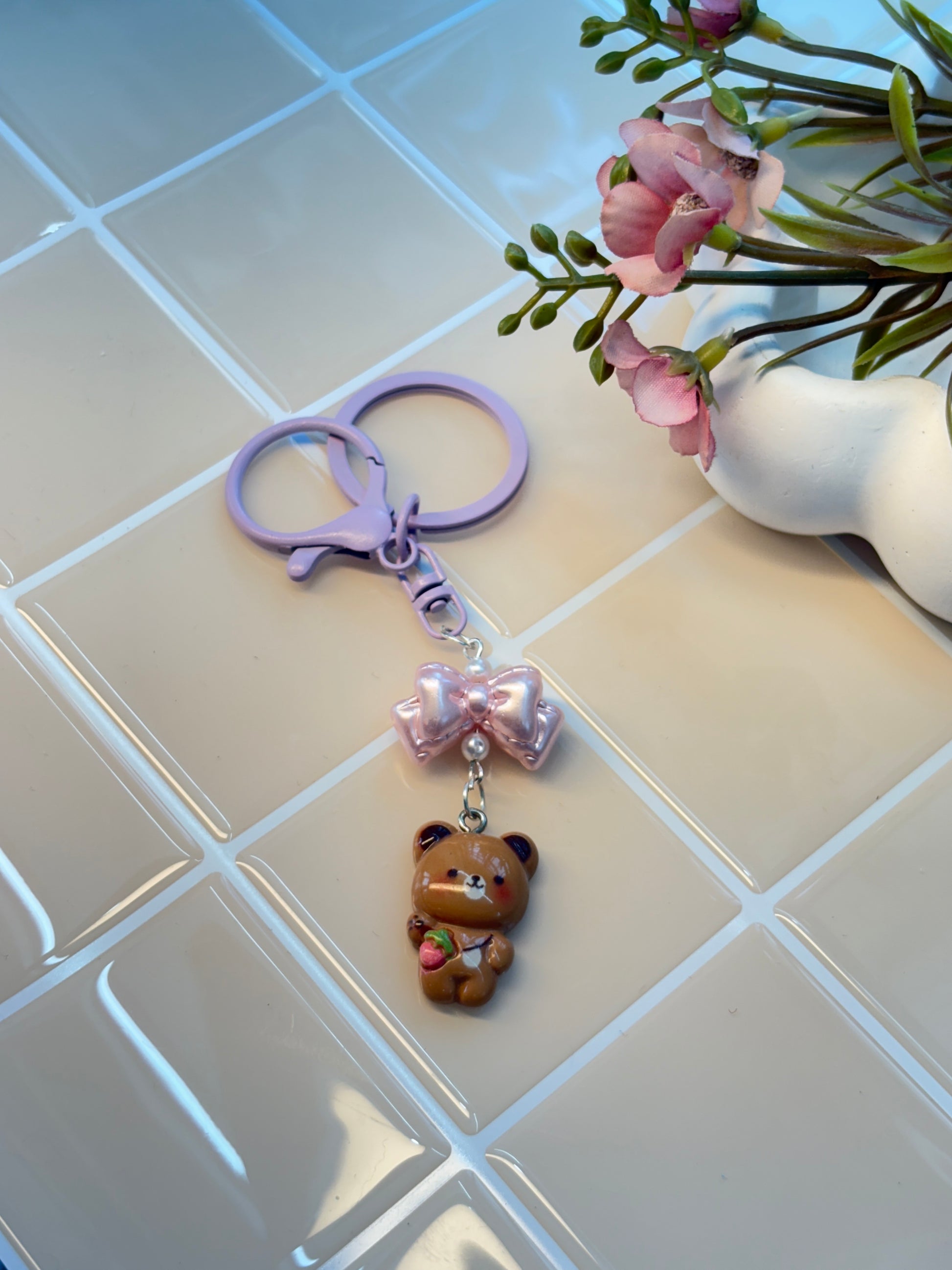 Lavender Bow & Strawberry Teddy Keychain | Light Pink Bow, Pearl Detail & Lilac Hardware | Sweet Aesthetic Phone & Bag Charm