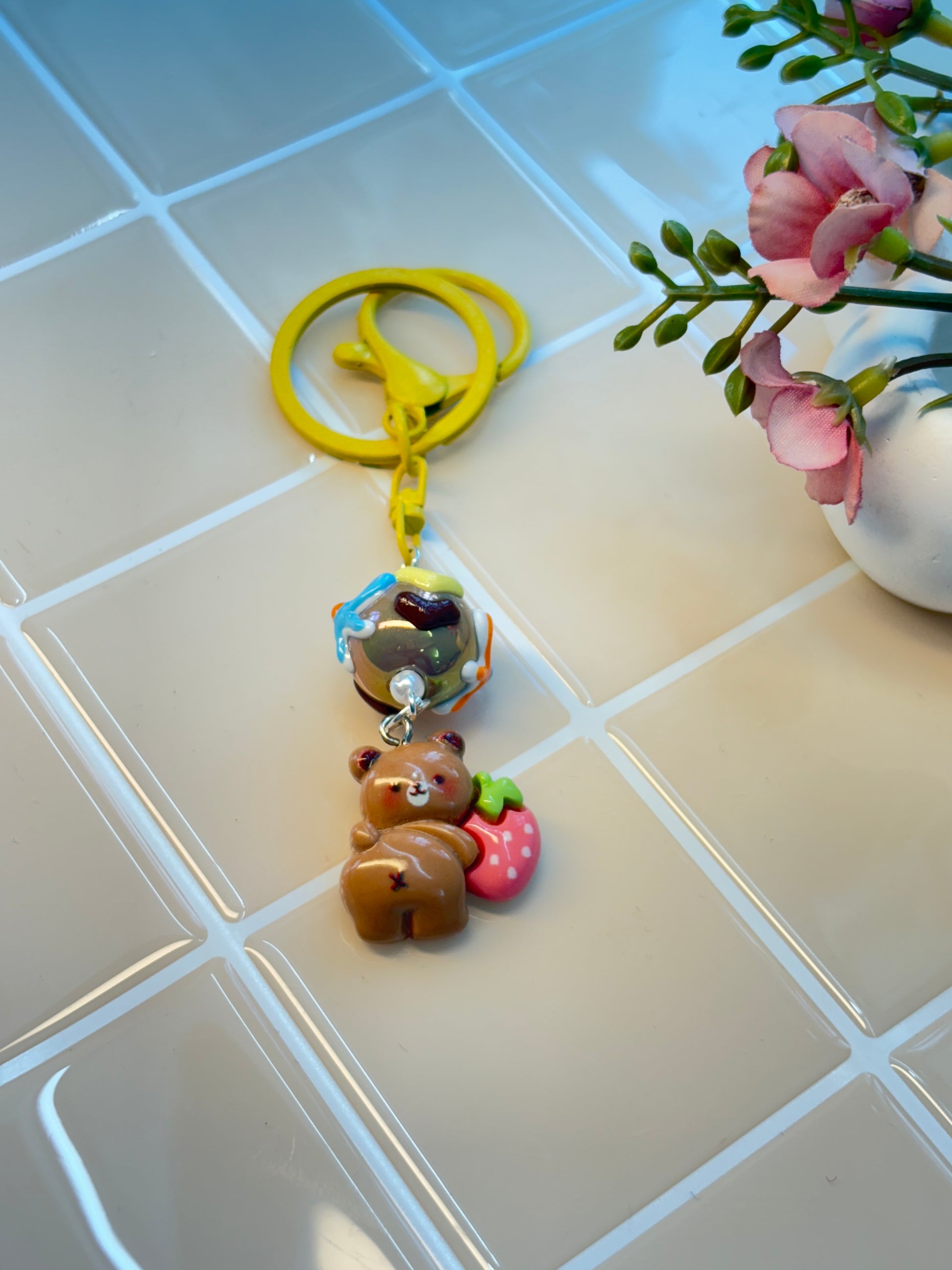 Bear & Strawberry Charm Keychain with Colorful Sphere Bead | Cute Kawaii Accessory for Keys, Bags & Phone Cases