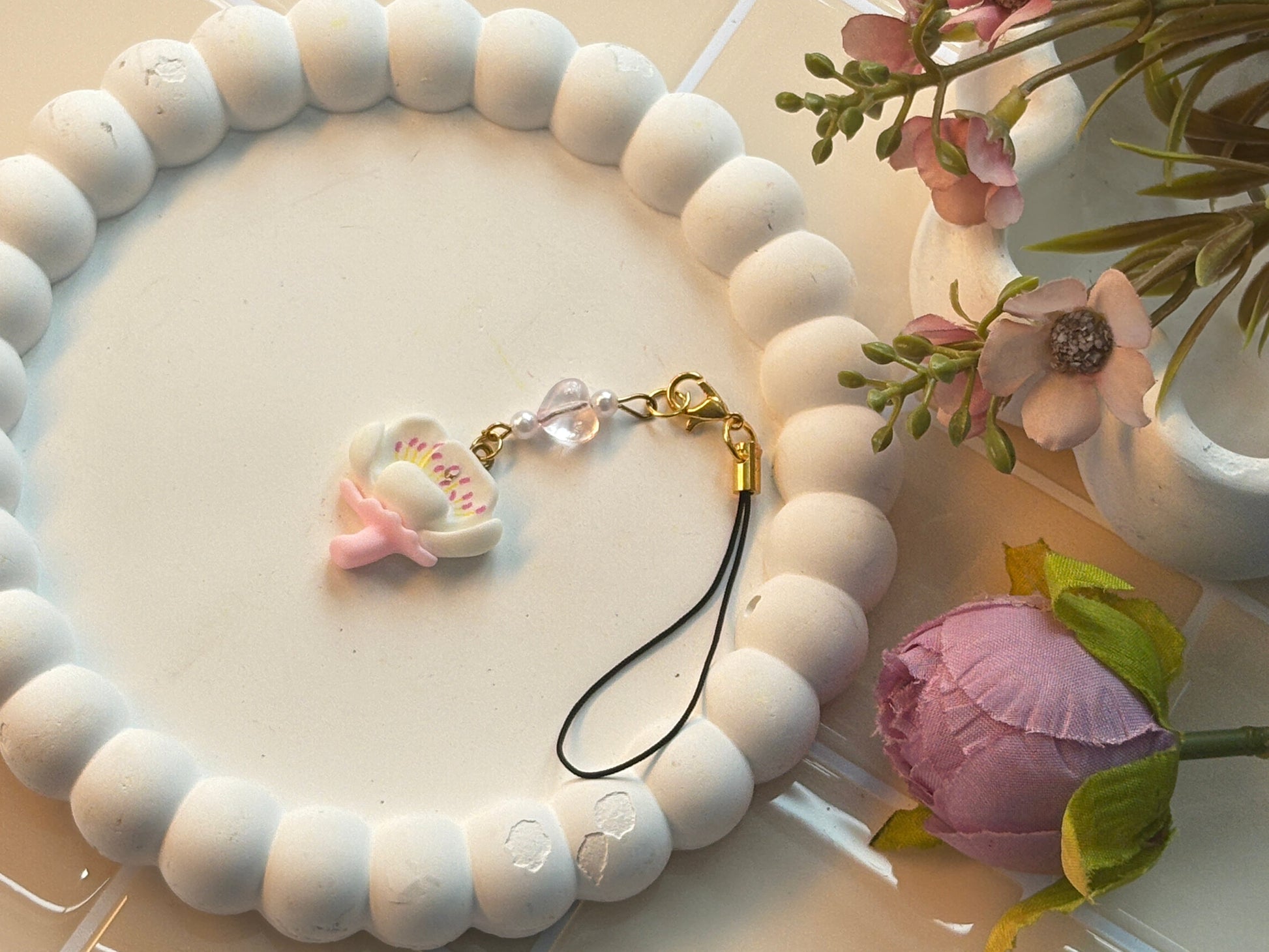 Cherry Blossom Flower Charm with Heart Bead | Soft Petal Design with Subtle Glitter | Nature-Inspired Kawaii Phone Accessory