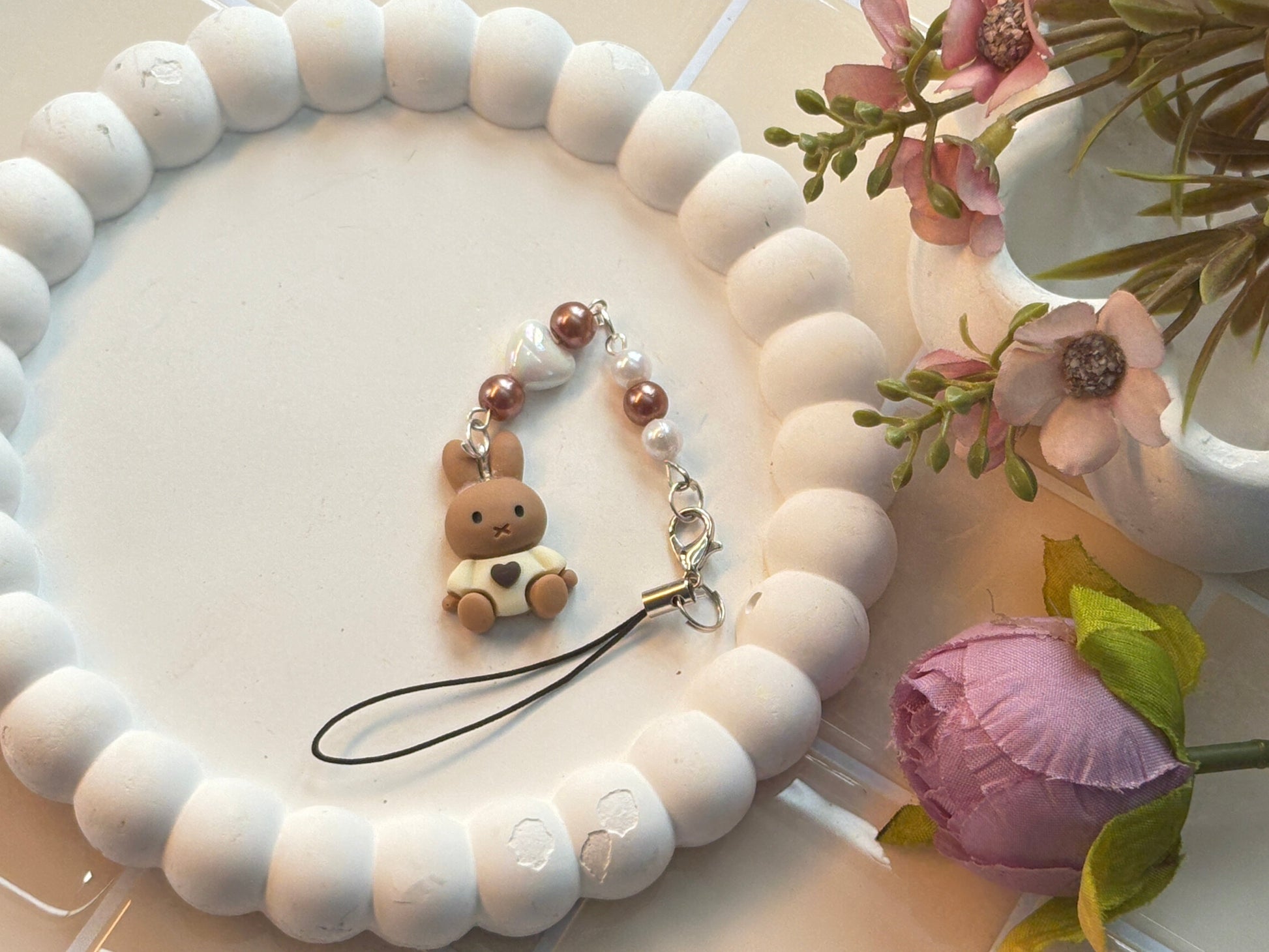 Brown Bunny with Bear Plushie Charm | Cocoa Pearl Beads and Heart Accent | Cozy Kawaii Phone Accessory