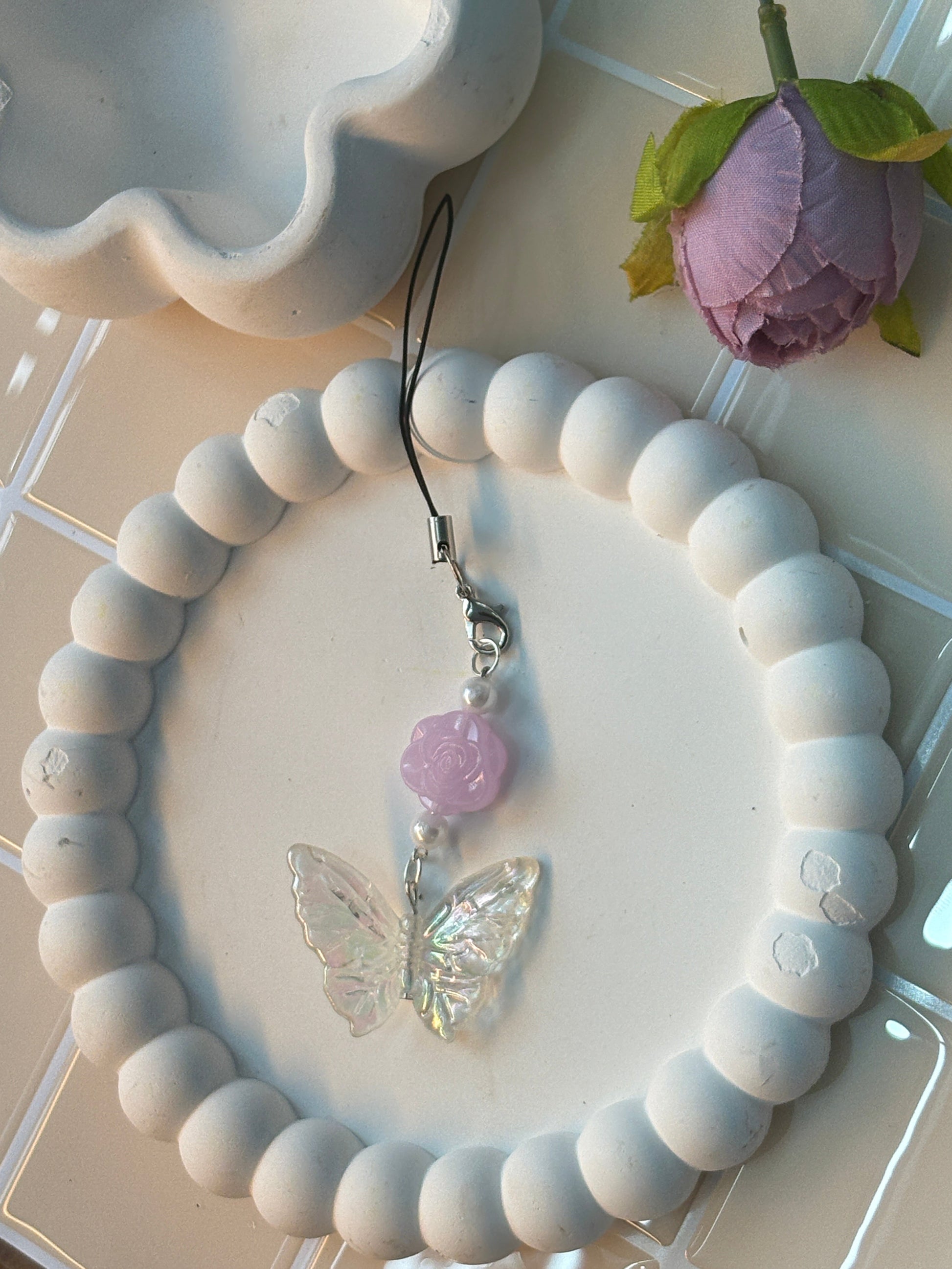 Iridescent Butterfly & Pink Rose Bead Phone Charm | Whimsical Girly Accessory | Delicate Kawaii Decoration