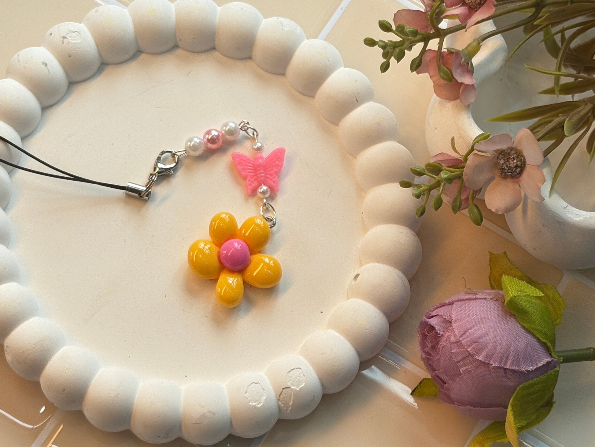 Yellow Flower & Pink Butterfly Kawaii Phone Charm | Handmade Beaded Accessory | Y2K Resin Keychain
