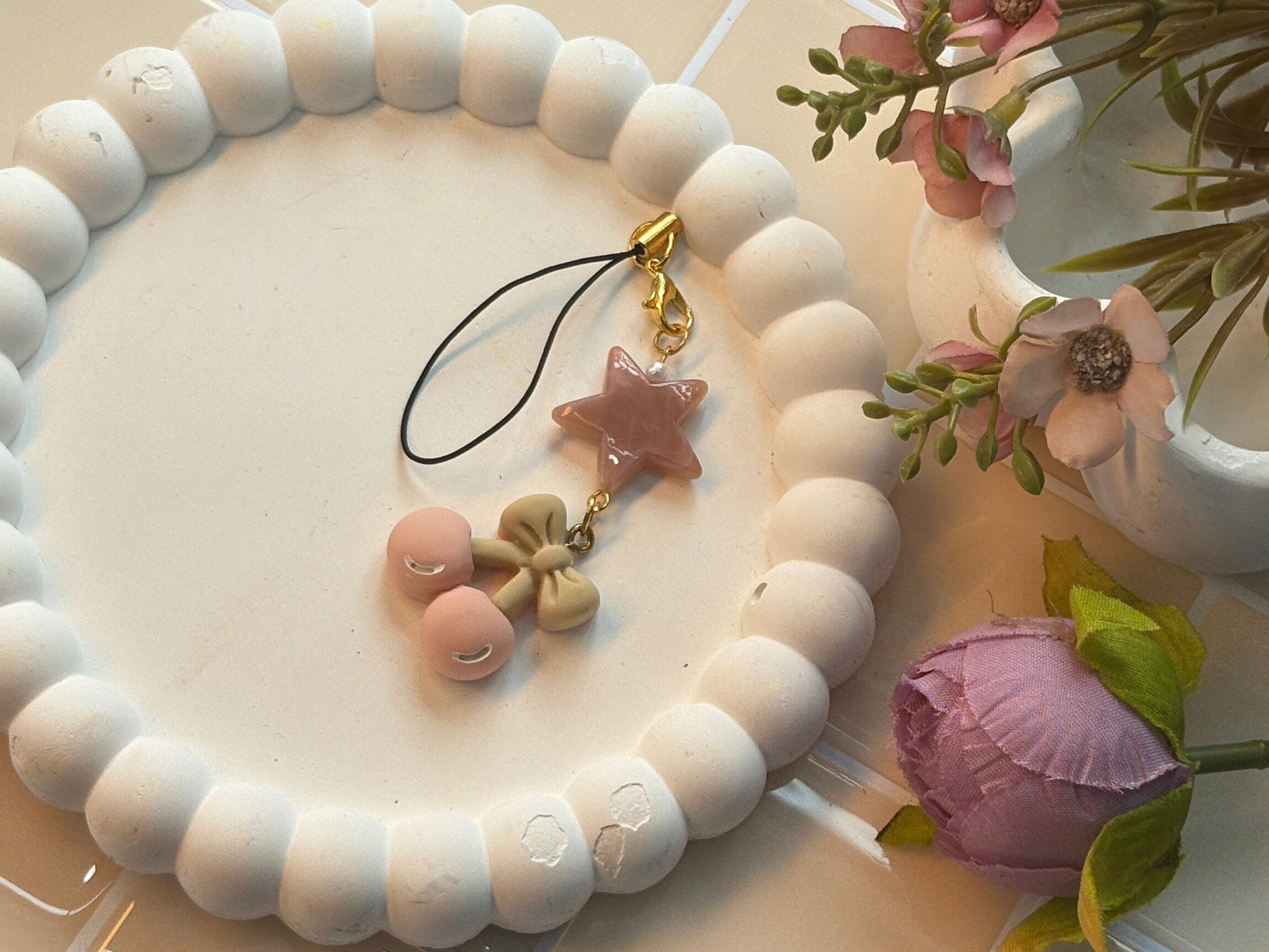 Blush Pink Cherry & Star Resin Phone Charm | Soft Aesthetic Accessory | Neutral Kawaii Keychain