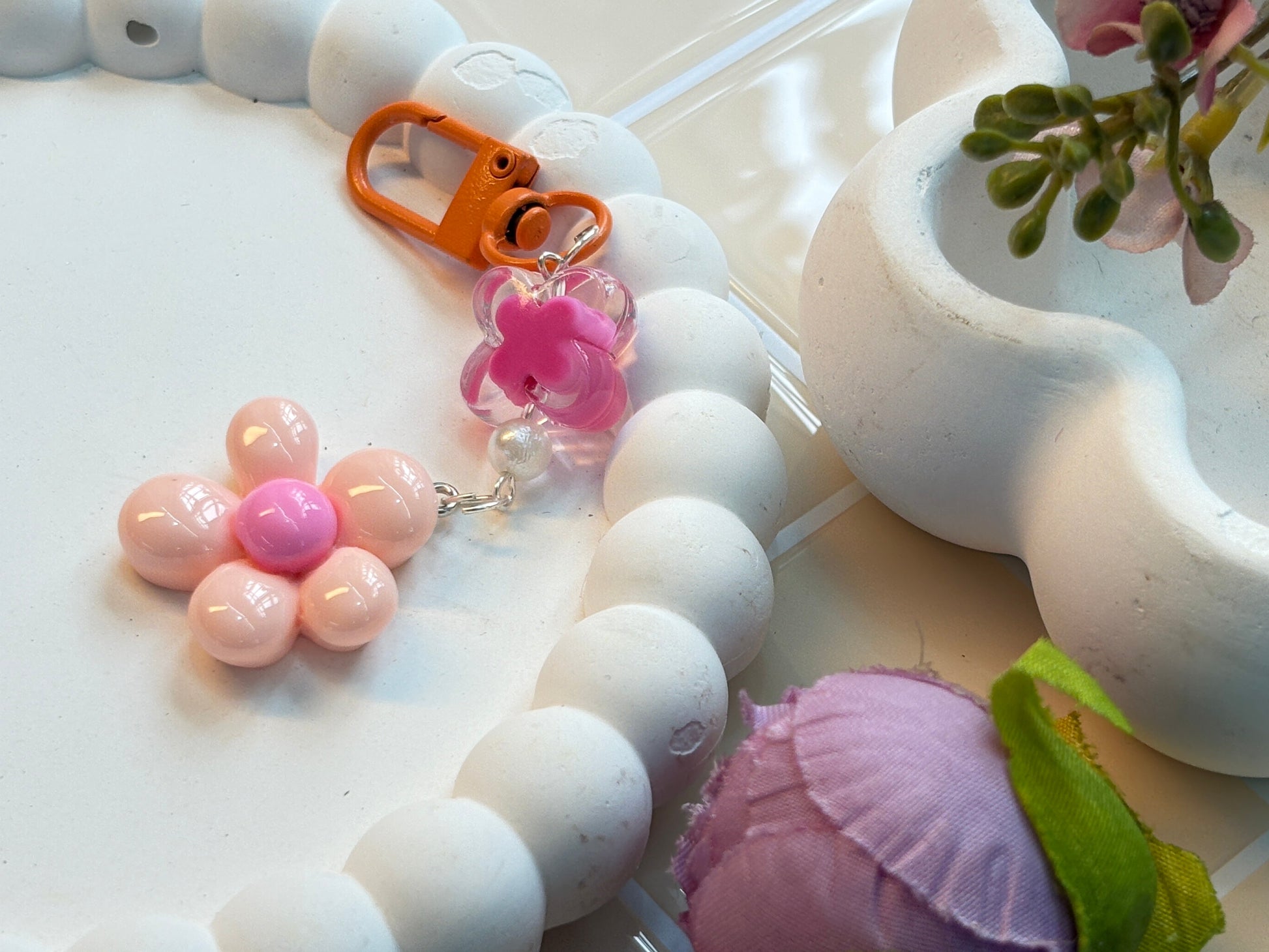 Peach Pink Flower Phone Charm with Clip | Orange Carabiner Attachment | Resin Kawaii Keychain