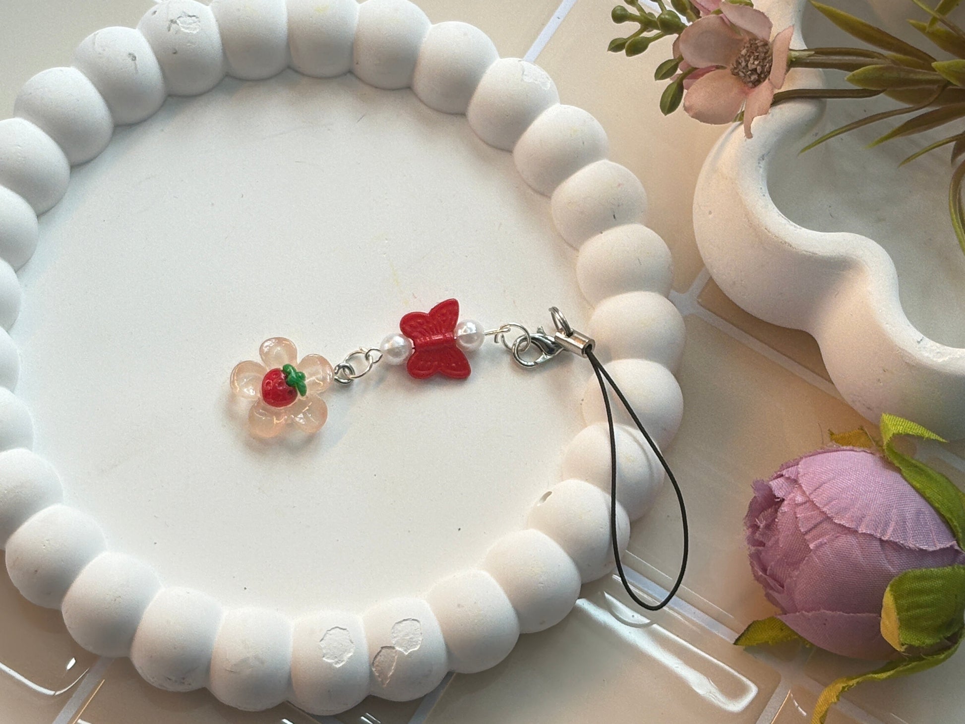 Butterfly & Flower Charm Strap | Red Butterfly with Strawberry Centered Pink Flower | Sweet Kawaii Phone Accessory