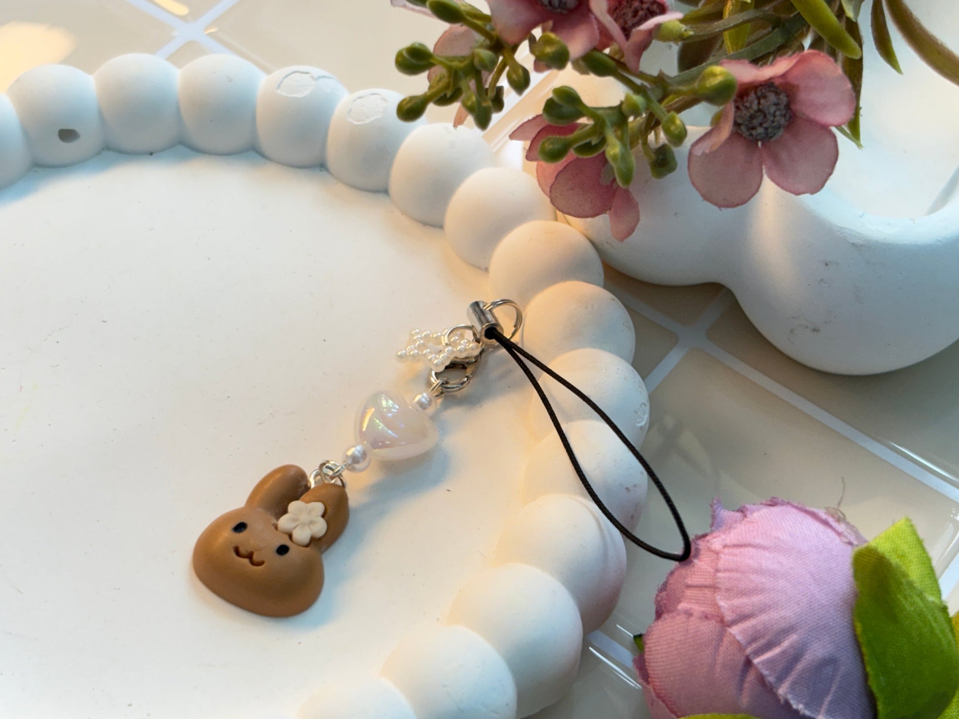 Brown Bunny with Flower Headpiece Charm | Handmade Polymer Clay Charm | Iridescent Beads | Kawaii Animal Keyring for Phone, Bag, or Zipper Pull