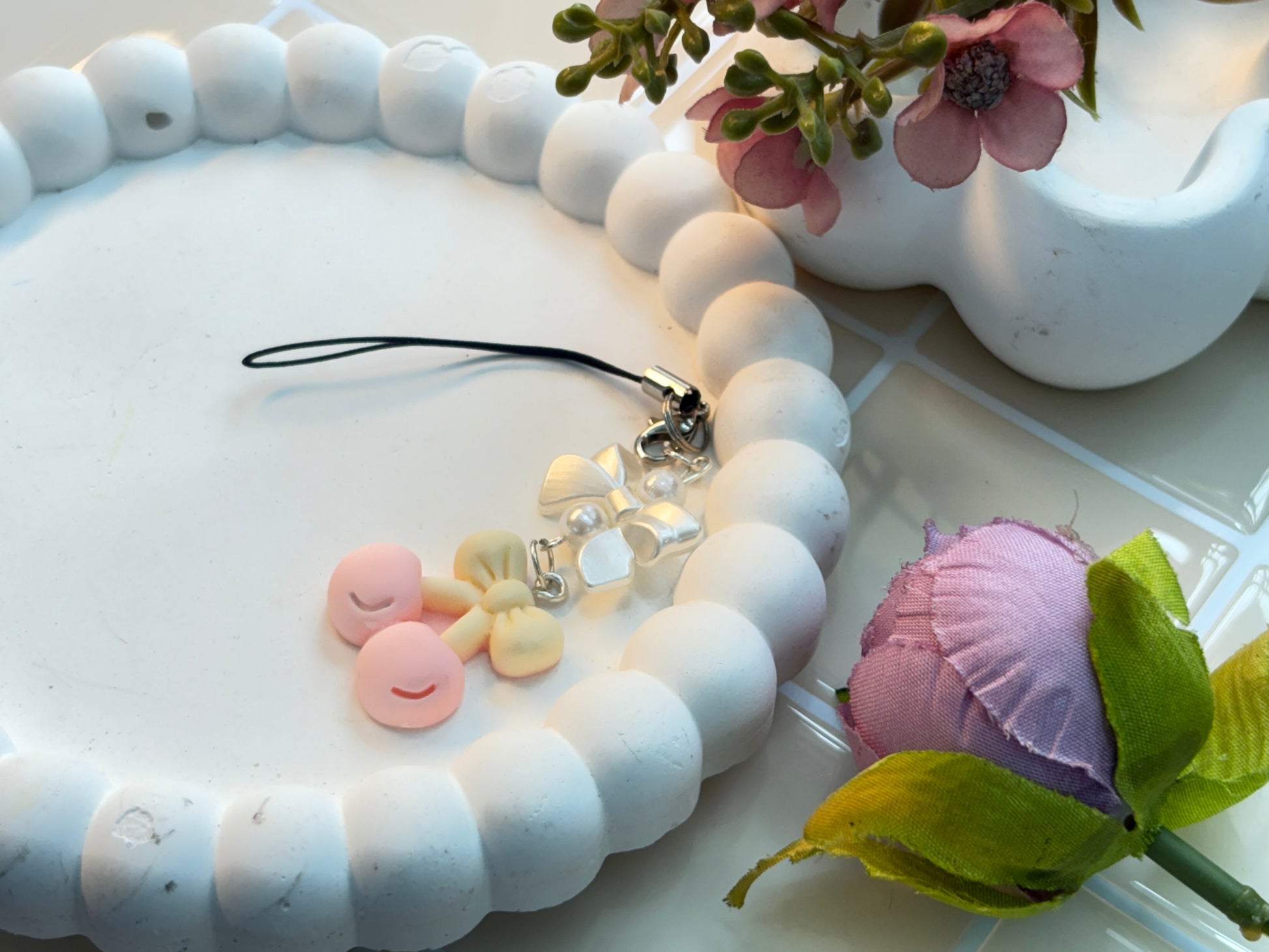 Pastel Pink Cherry Charm with Bow | Polymer Clay Fruit Charm | Cute Blush Face | Kawaii Keychain or Zipper Pull Accessory for Phone & Journals