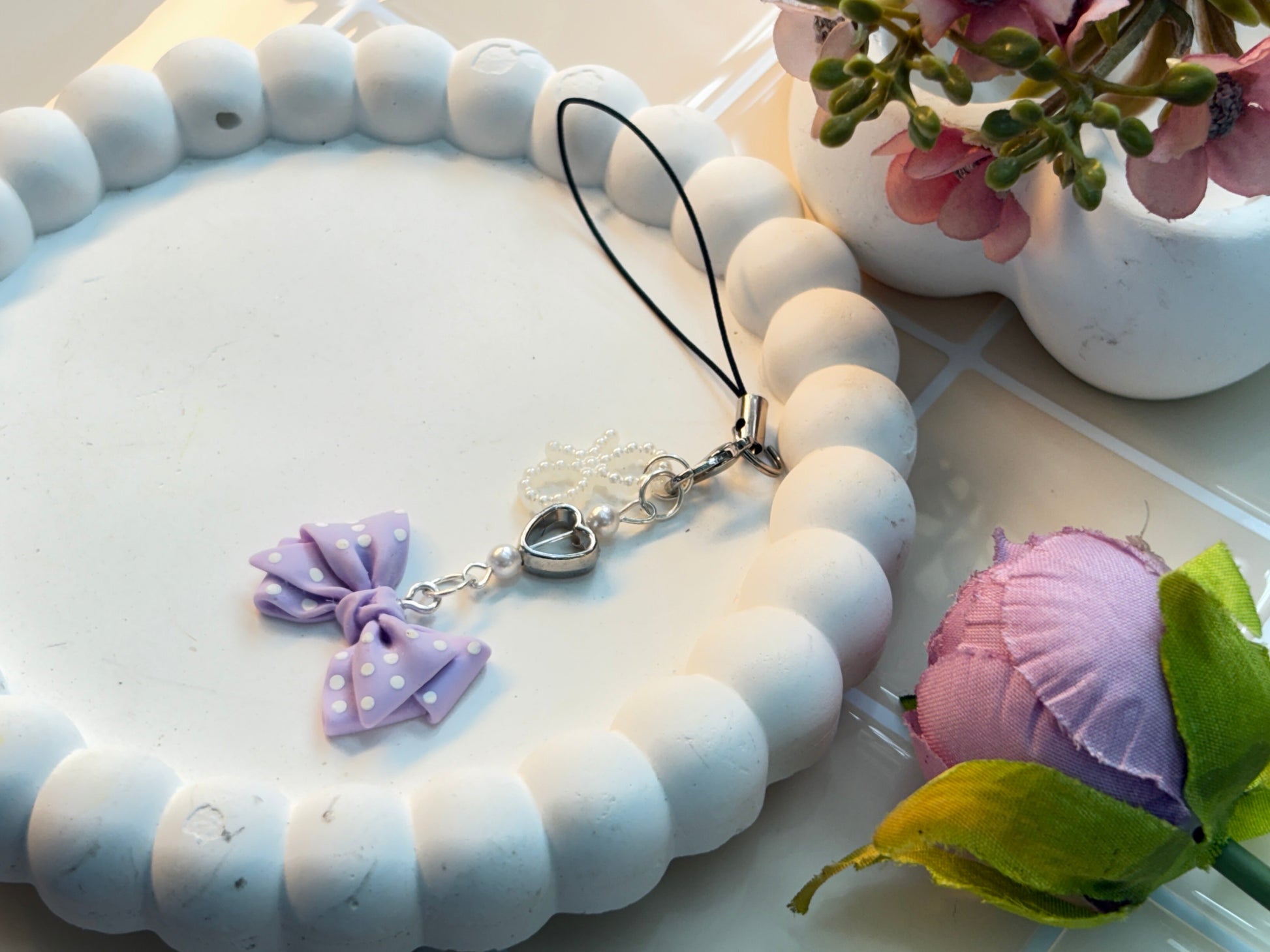 Lavender Polka Dot Bow Charm Strap | Handmade Clay Bow | Silver Heart Accent & Pearl Beads | Kawaii Phone Charm, Purse Clip, or Gift