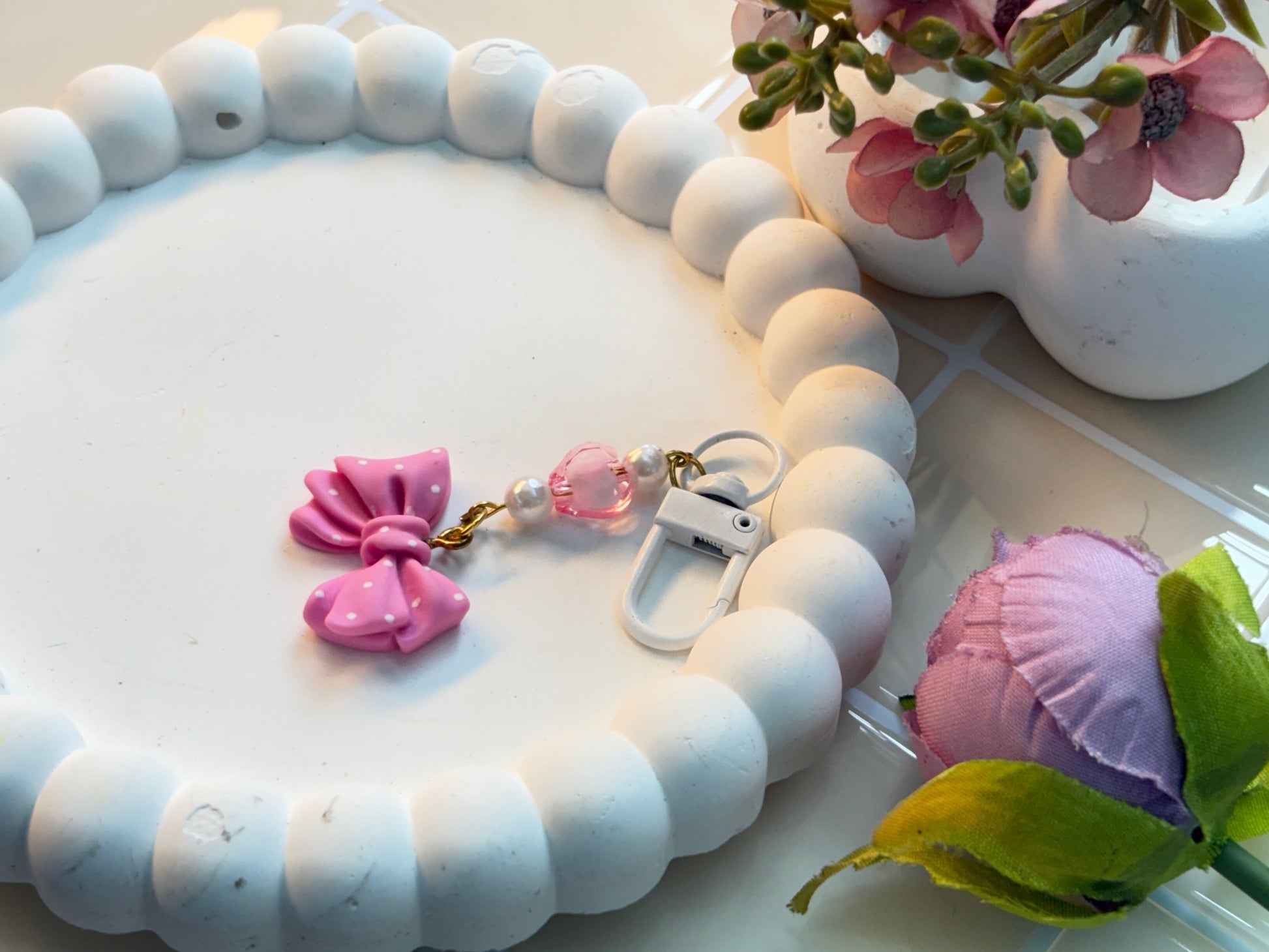 Pink Polka Dot Bow Charm Clip | Heart Bead Accent | Polymer Clay Charm | Kawaii Style Phone Accessory, Backpack Dangle, or Gift for Girls