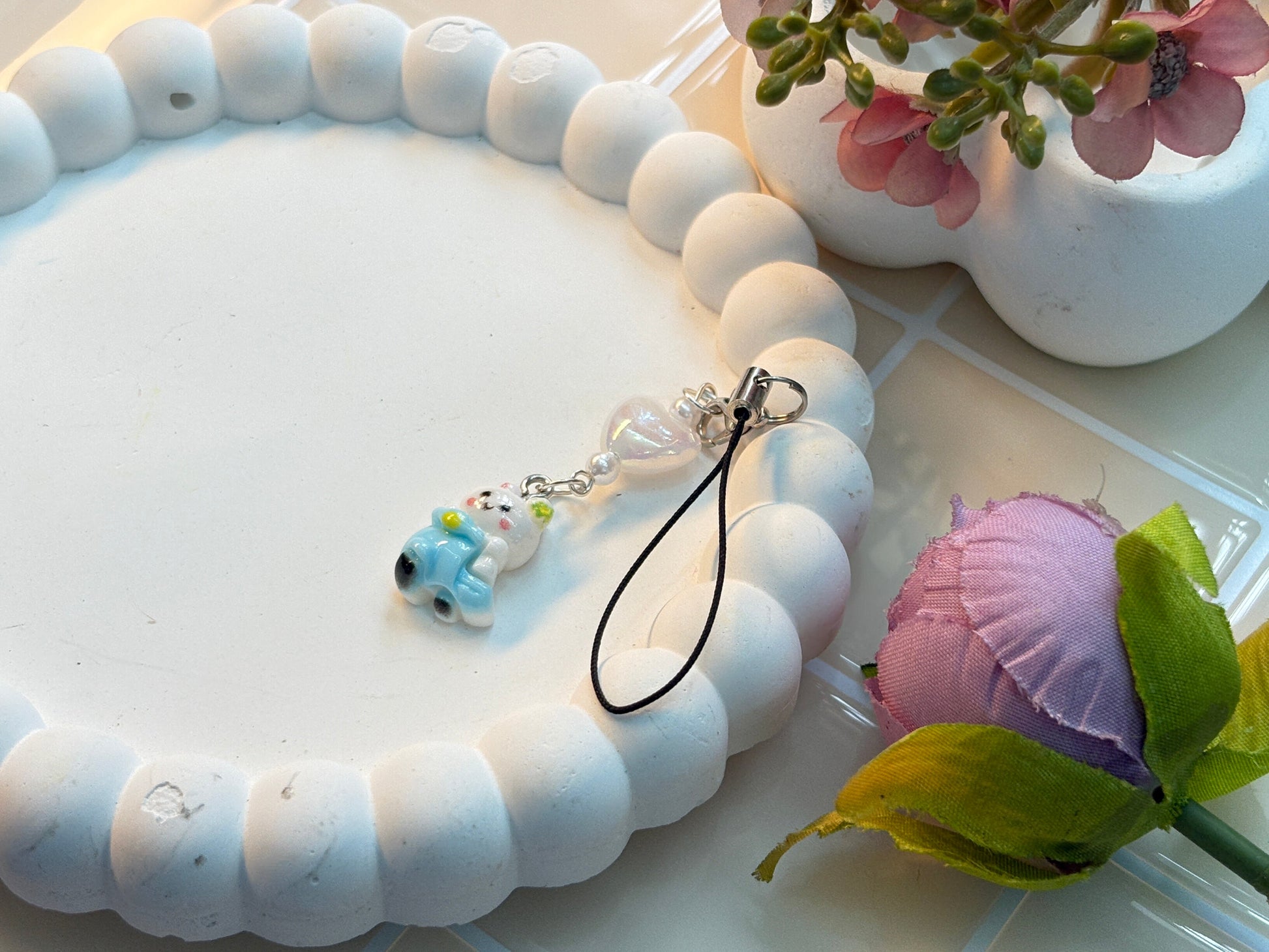 Cute Bear in Blue Overalls Charm | Colorful Polymer Clay Animal Charm | Pearl Accent | Adorable Kawaii Phone Strap, Bag Clip, or Keychain