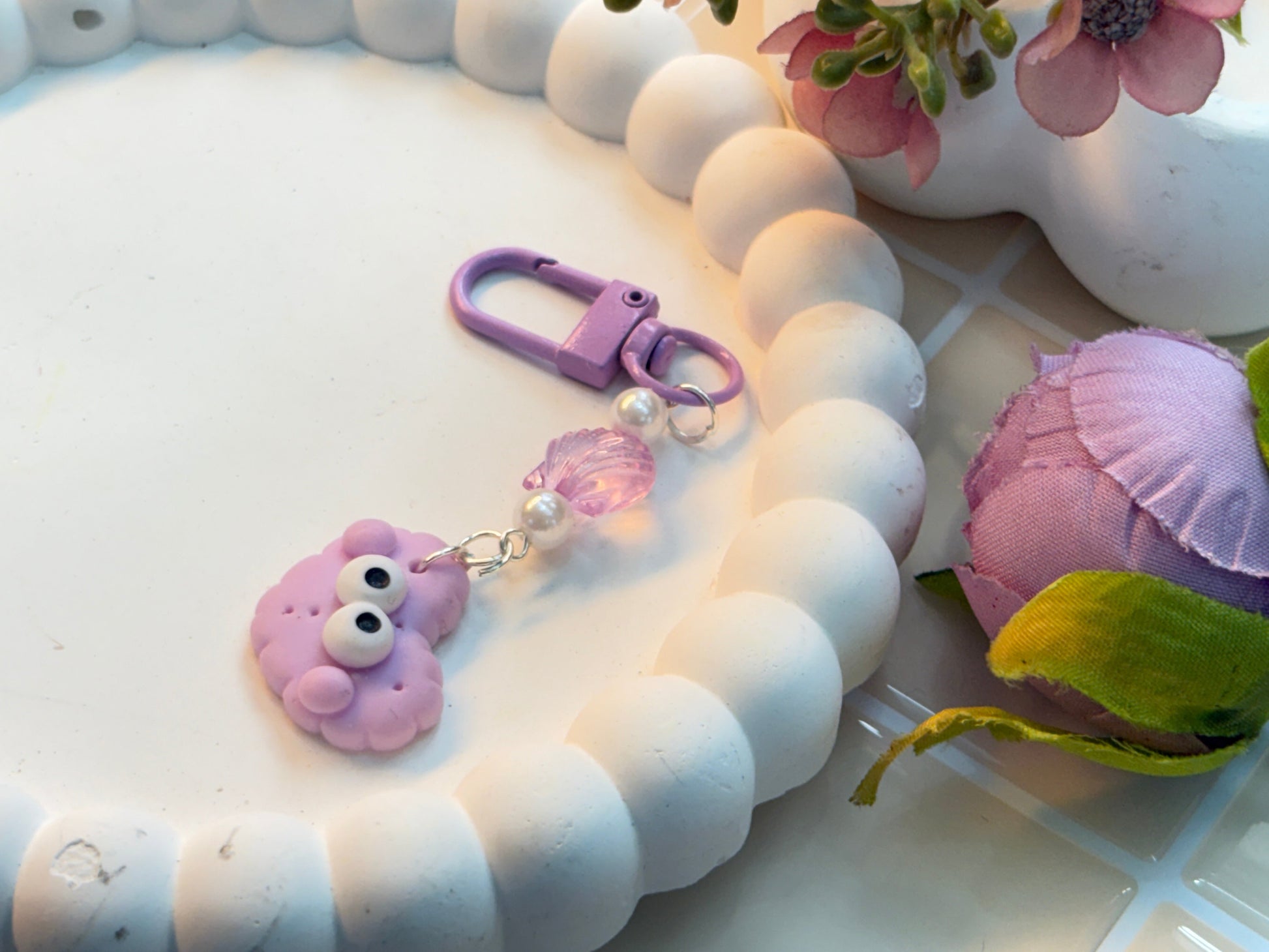 Googly-Eyed Purple Cloud Heart Charm | Funny Polymer Clay Charm | Pearl & Leaf Bead Accents | Quirky Kawaii Keychain, Phone Charm, or Gift Idea