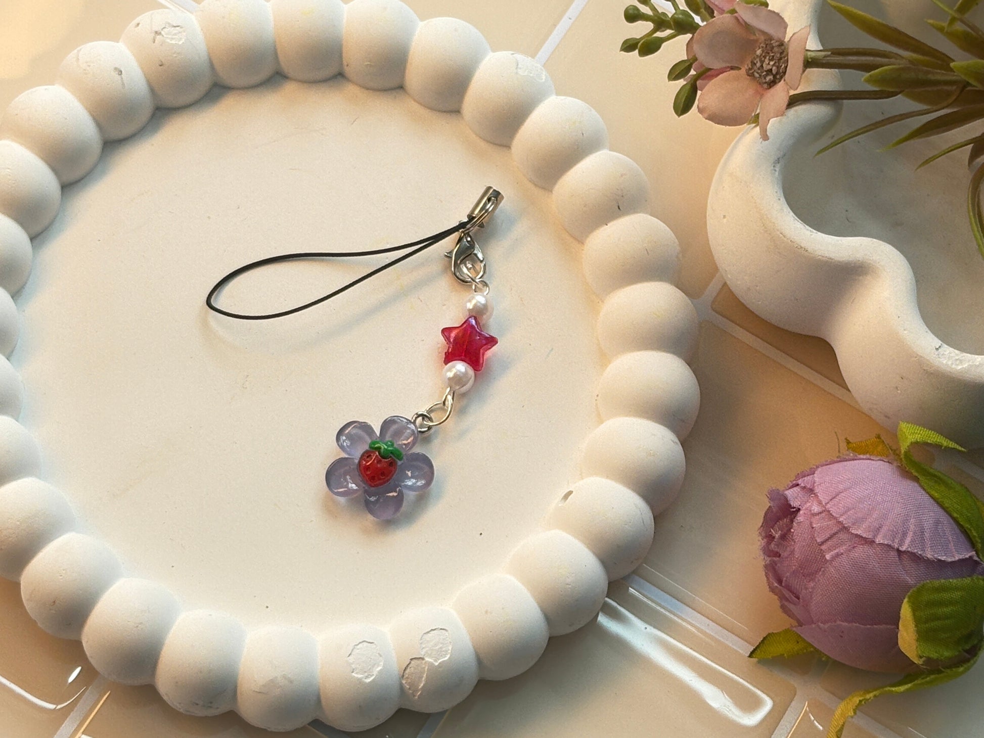 Purple Strawberry Flower Charm Strap | Red Star with Purple Flower & Berry Center | Kawaii Fruit-Inspired Accessory