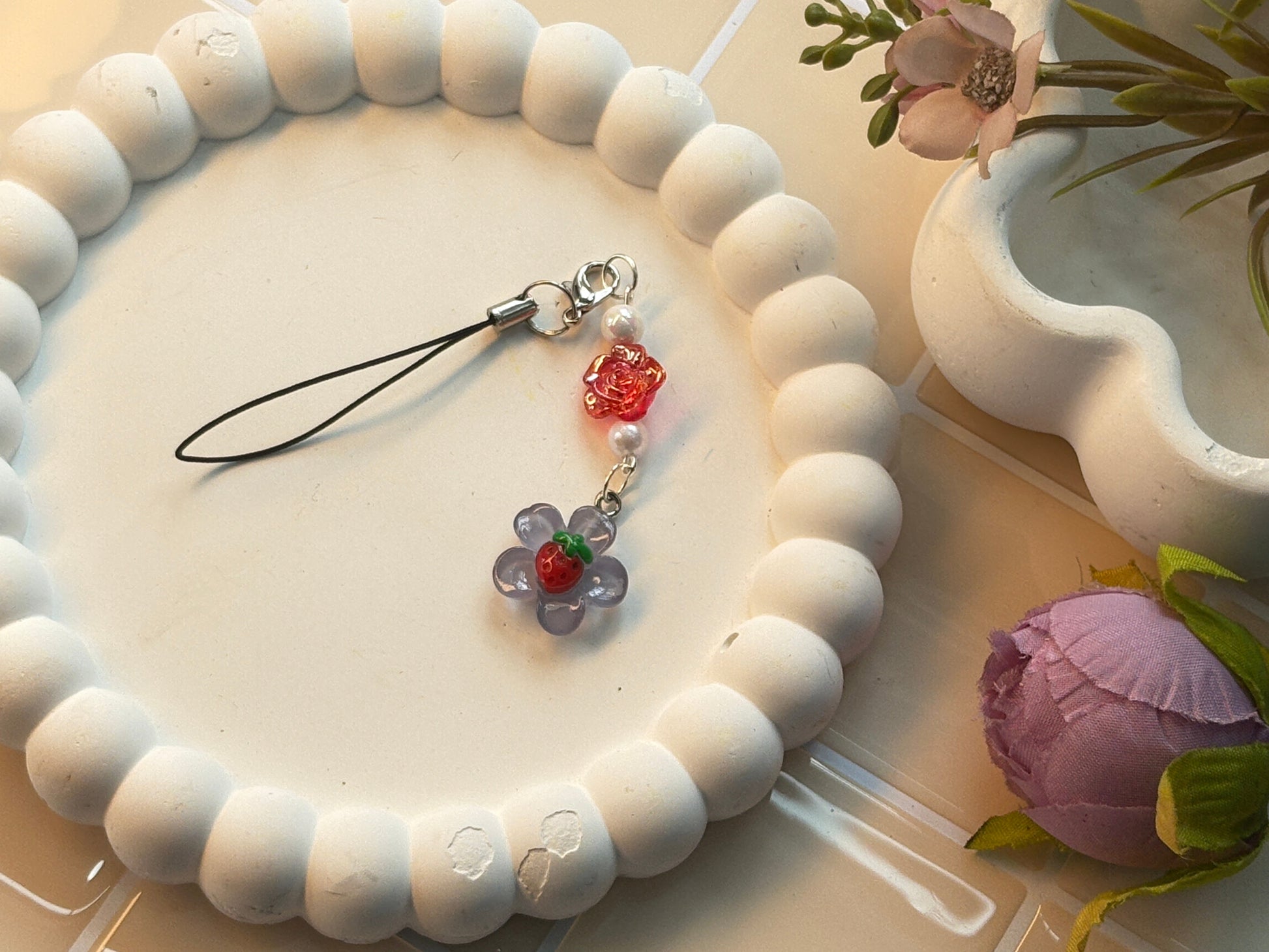 Double Charm Strawberry Flower Strap | Red Rose & Purple Flower with Strawberry Center | Cute Layered Kawaii Accessory