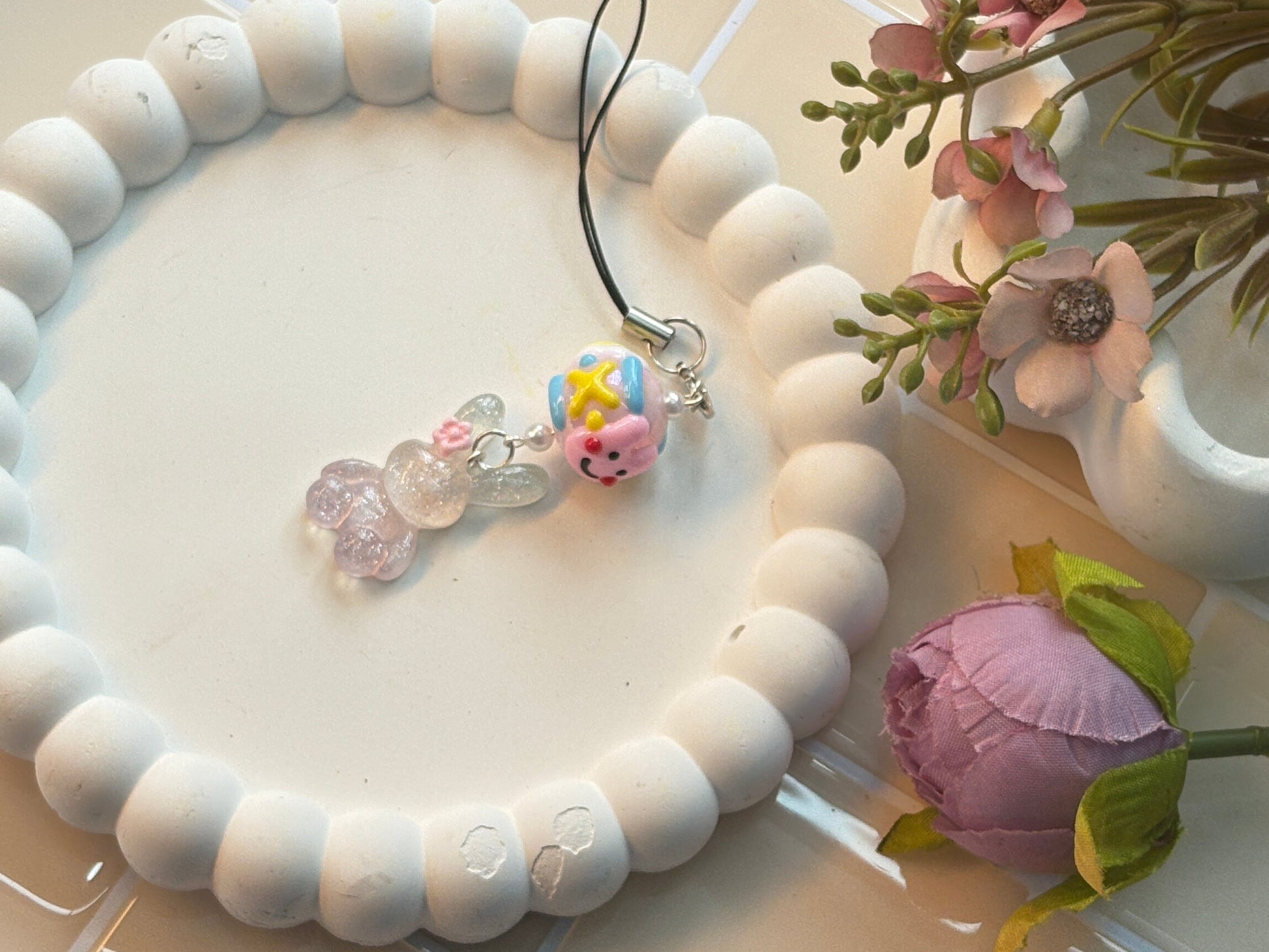Bunny Charm with Candy Bead Strap | Glittery Bunny and Pastel Candy Ball | Playful Kawaii Phone Accessory