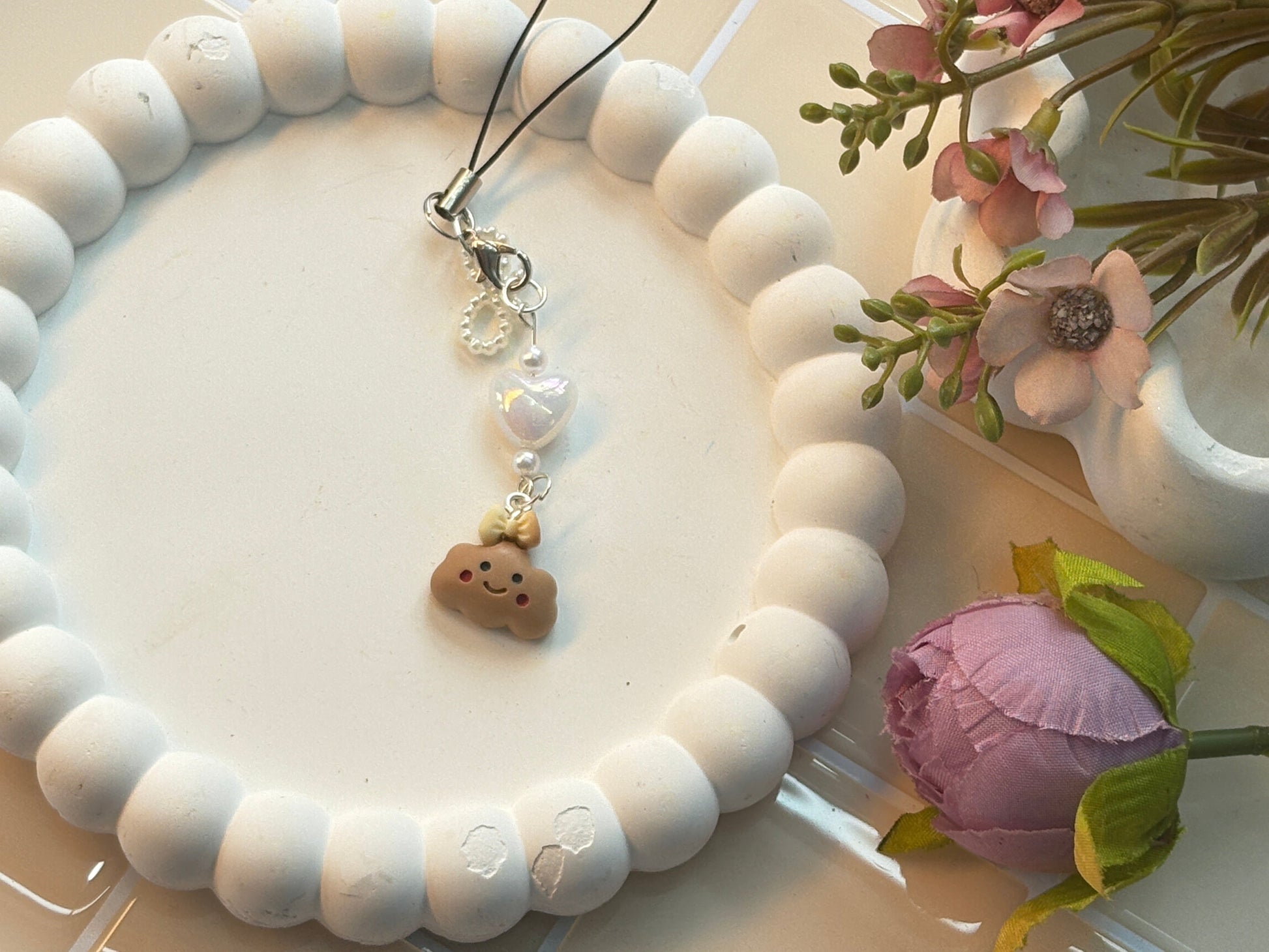 Cloud Cookie Charm with Pearl Heart Bead Strap | Smiley Cloud and Mini Cookie Accent | Sweet Kawaii Phone Accessory