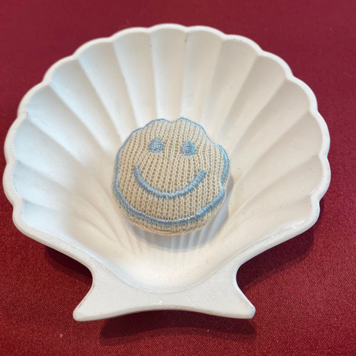 Cream Knit Smile Patch | Textured Smiley Face Appliqué | Blue Thread Accent | Happy DIY Craft Add-On | Soft Accessory