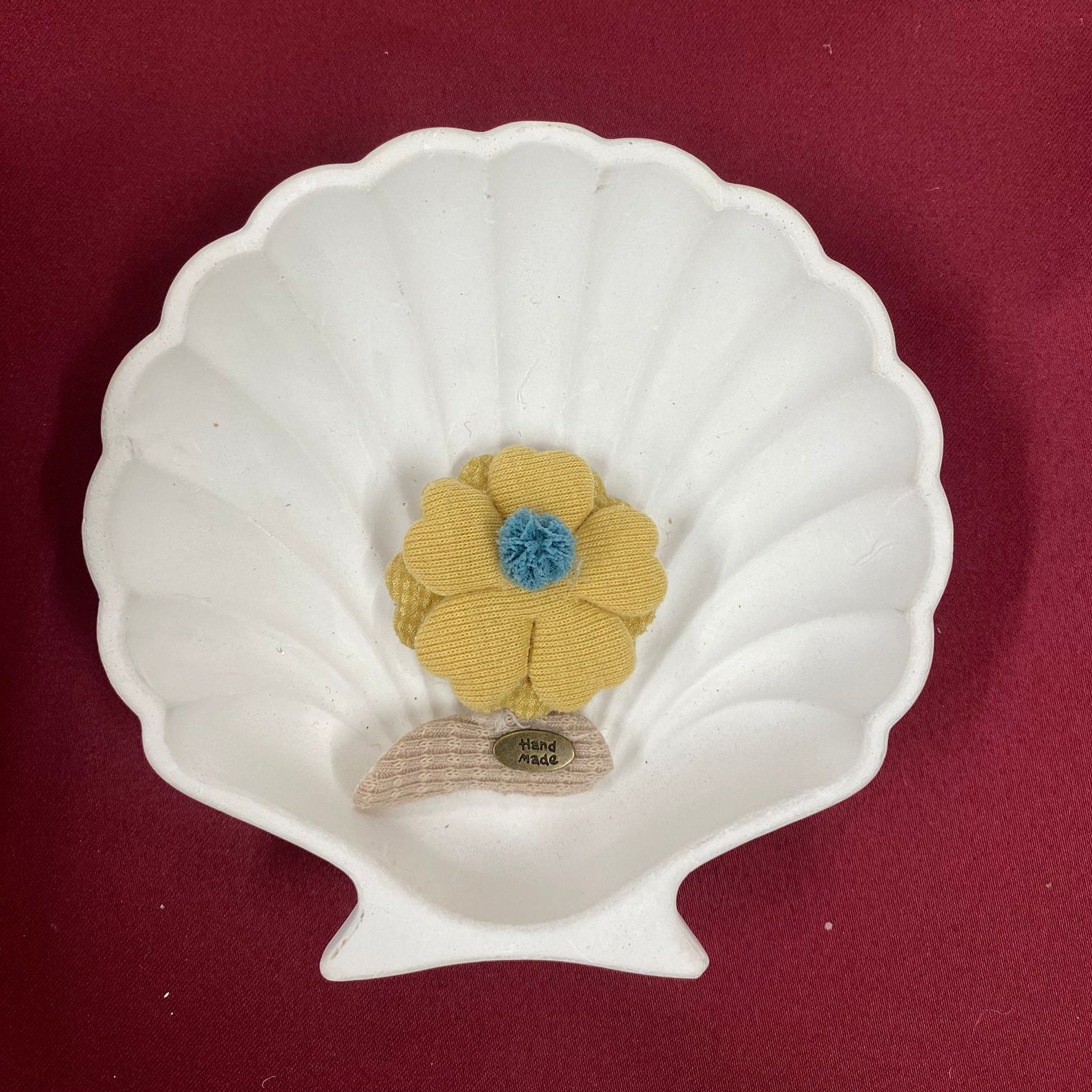 Mustard Yellow Fabric Flower Clip | Hand-Stitched Detail | Blue Pom Center | “Handmade” Label | Boho Chic Style | Playful Accent