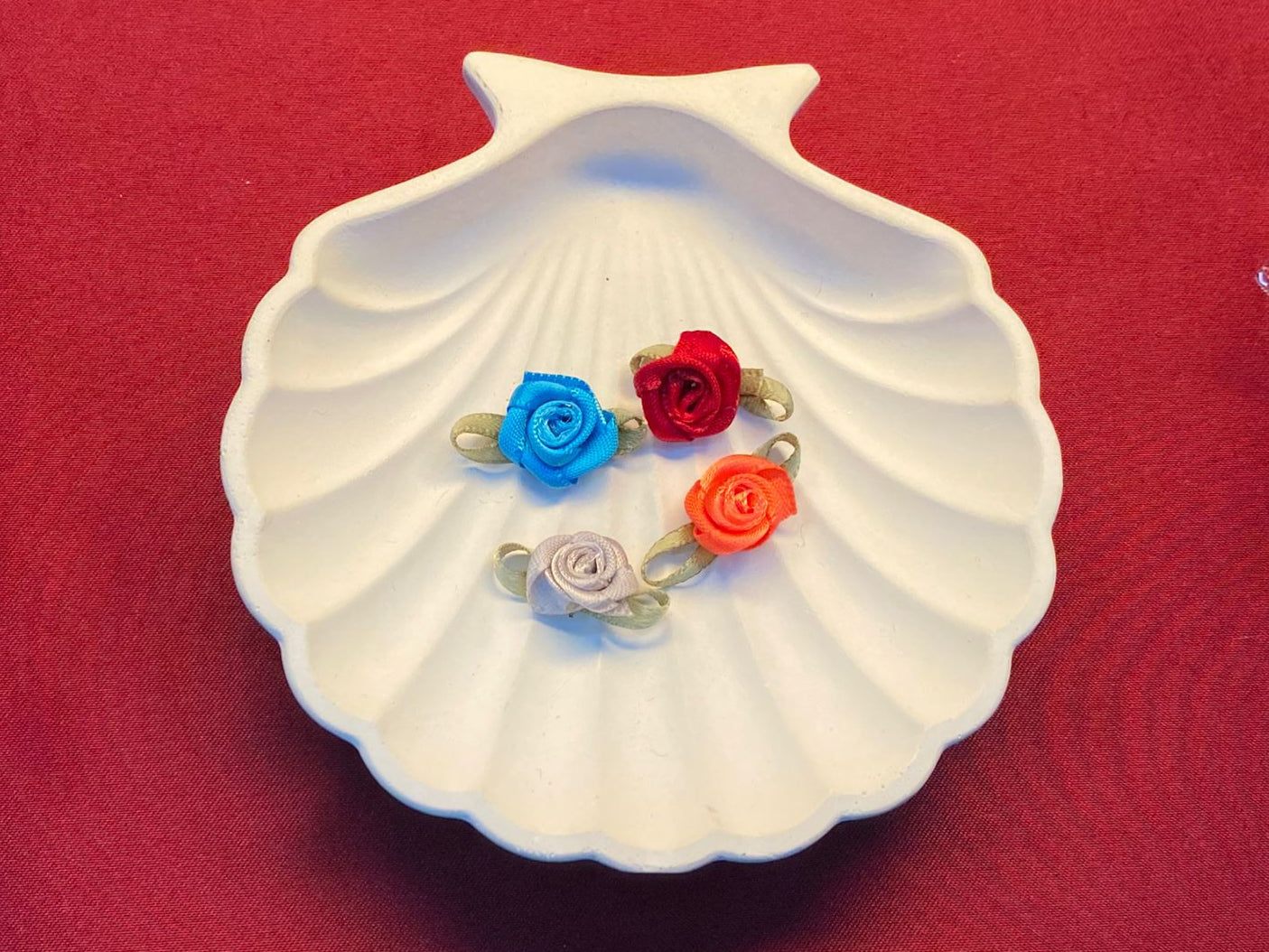 Mini Satin Rosebud Clips | Set Colorful Roses | Red, Orange, Blue, Lavender | Gold Leaf Ribbon Detail | Playful & Sweet