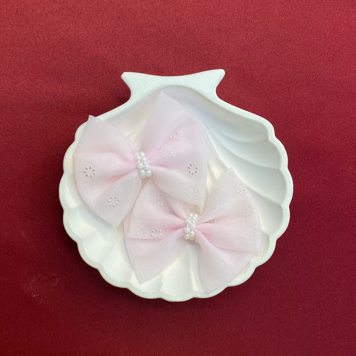 Tulle Bows with Pearls & Petal Detailing Sheer Ribbon | Dreamy Fairycore Hair Bows | Baby Pink Tulle with Faux Pearls | Elegant & Delicate