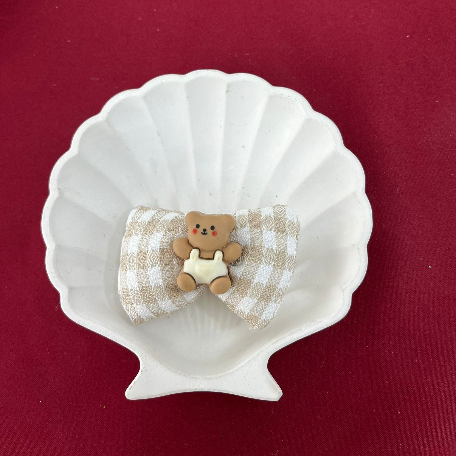 Teddy Bear Bow Plush Ornament | Beige Gingham Bow with Cute Bear Centerpiece | Soft Plush Accessory for Gifting or Decoration | Cottagecore-Inspired Charm