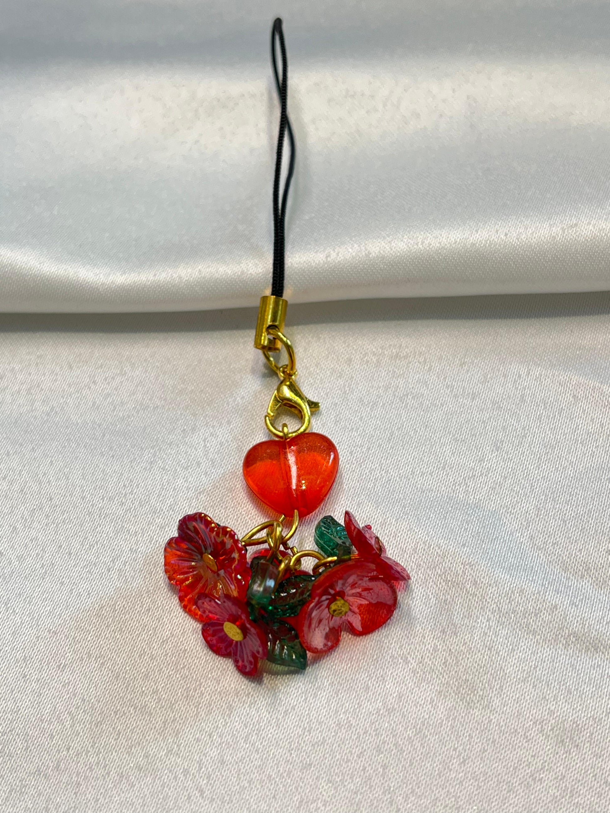 Cherry Crush Charm| Red Heart & Floral Charm with Gold Detailing | Kawaii charm for phones| red flowers|red heart