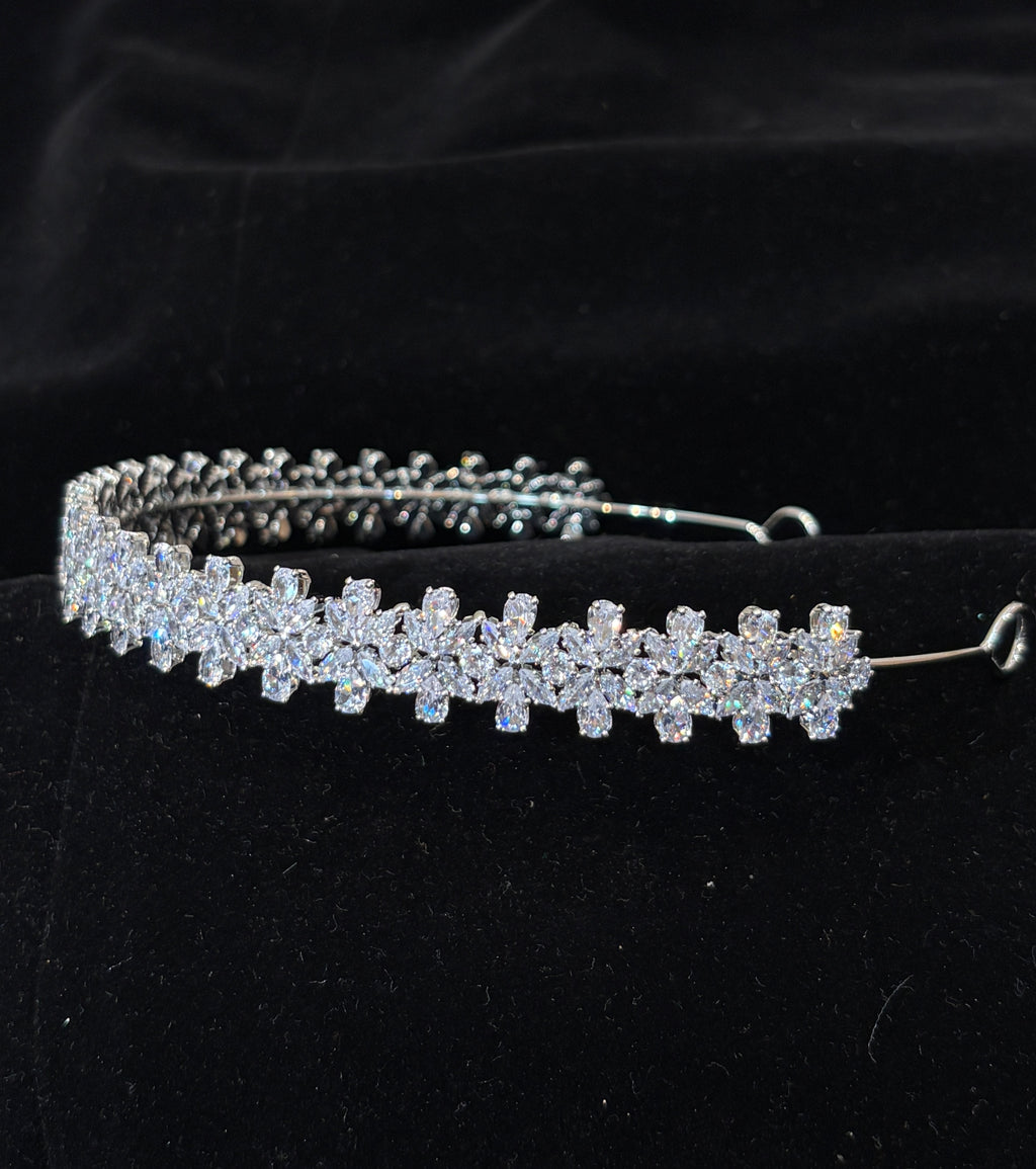 Floral Cluster Crystal Bridal Headband | Elegant Rhinestone Wedding Tiara | Silver Crown Hair Accessory for Women | Sparkling Bridal Hairband | Lightweight Crystal Crown | Zircon-Embellished