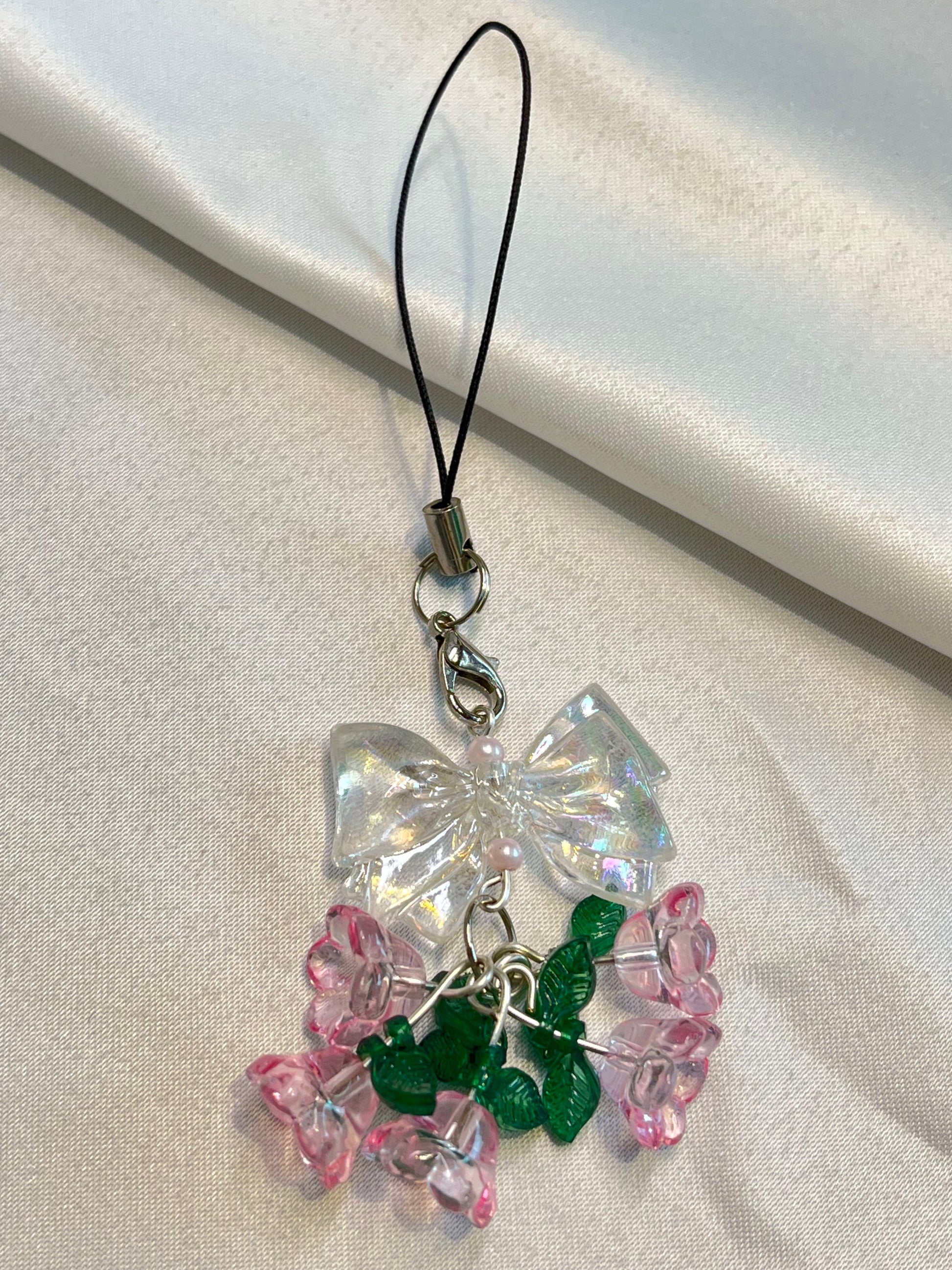 Crystal Pink Bow |Charm | Soft Bloom Pendant with Floral Dangles & Leaf Accents|Pink flowers |cute bow
