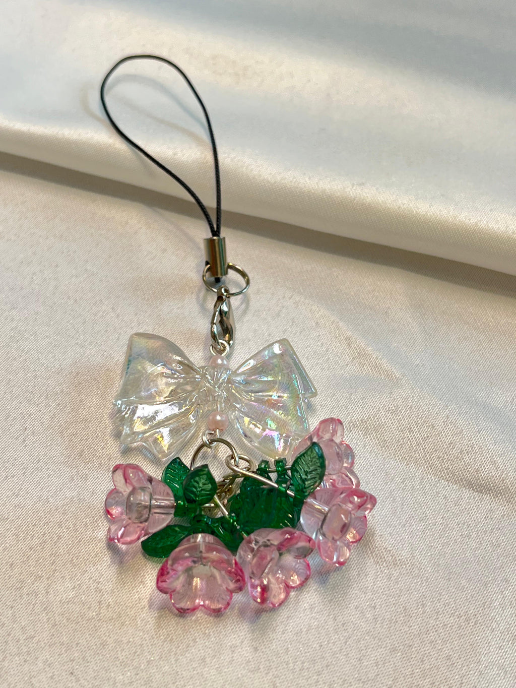 Crystal Pink Bow |Charm | Soft Bloom Pendant with Floral Dangles & Leaf Accents|Pink flowers |cute bow