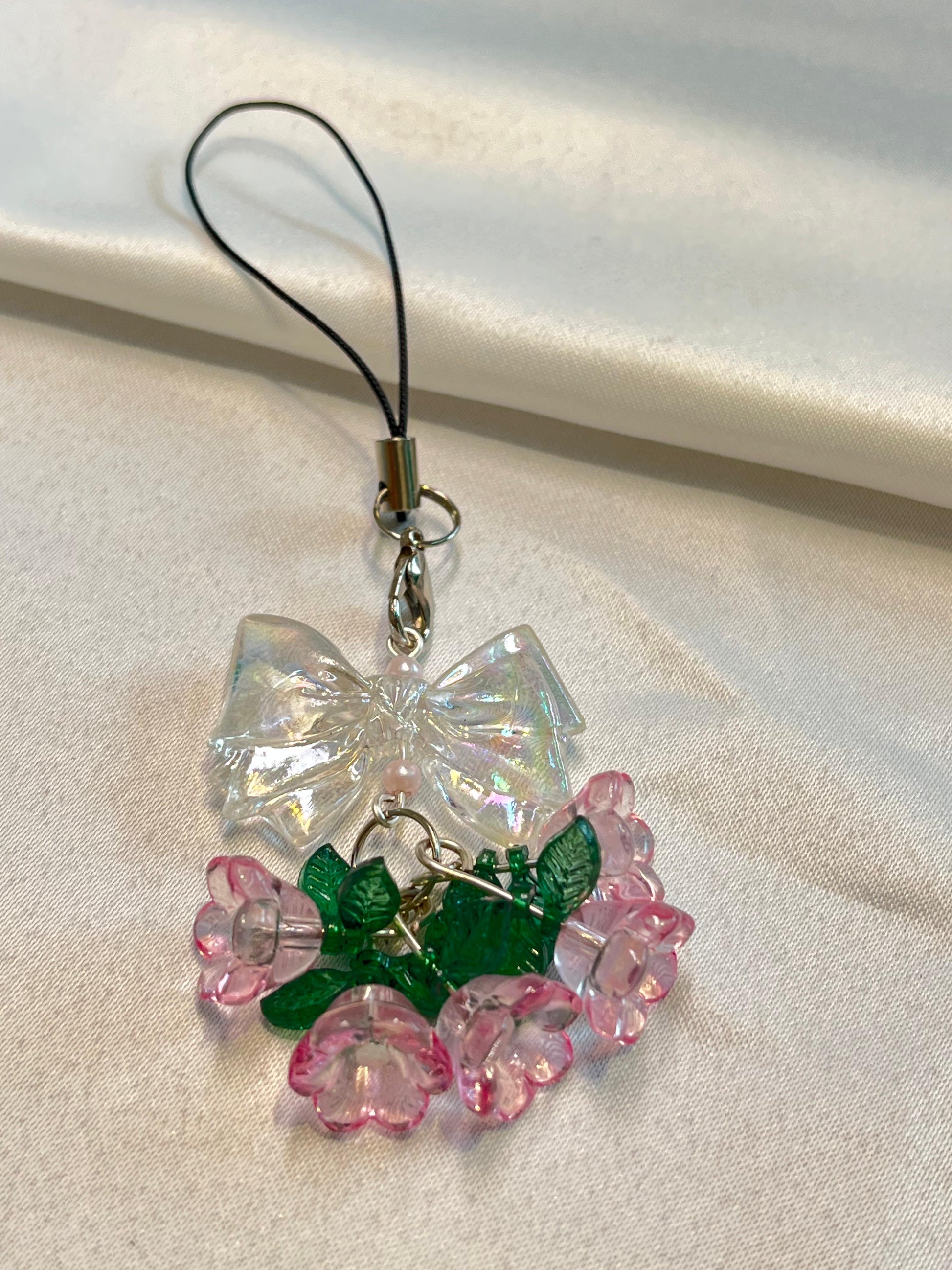 Crystal Pink Bow |Charm | Soft Bloom Pendant with Floral Dangles & Leaf Accents|Pink flowers |cute bow