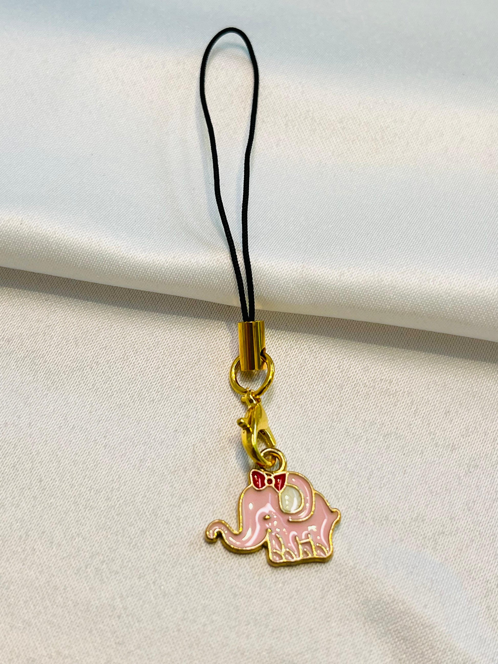 Peachy Ellie Charm | Pink Elephant with Bow | Adorable Gold-Plated Enamel Charm for Phones| Pink and White